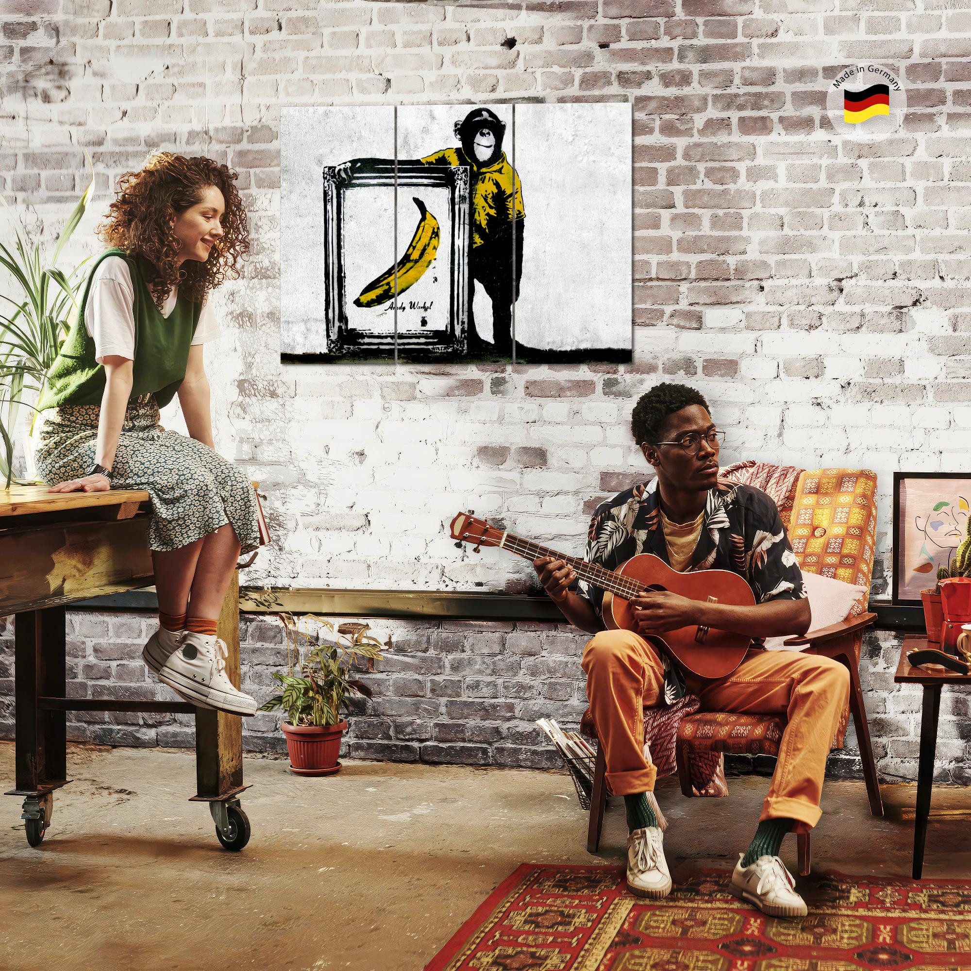 Runa Art Wandbild Monkey with Banana Bild Loft Grau Street Art 120 x 80 cm 302231a, 40 x 80 cm - 3 Bilder