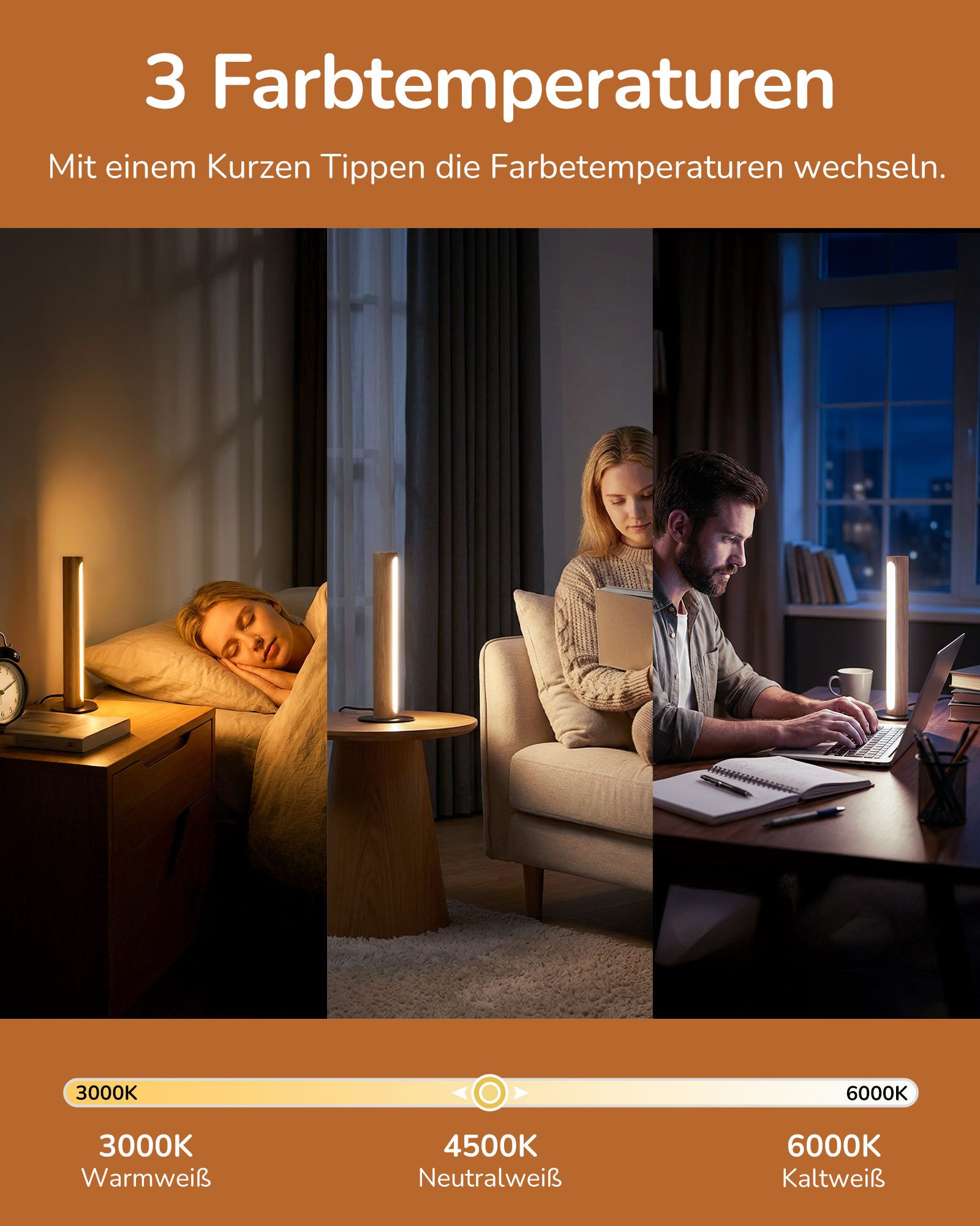 EDISHINE LED Nachttischlampe Säulenlampe aus Holz, dekoholz, LED fest integriert, 3000K-4500K-6000K, Touch Dimmbar, Höhe 27cm