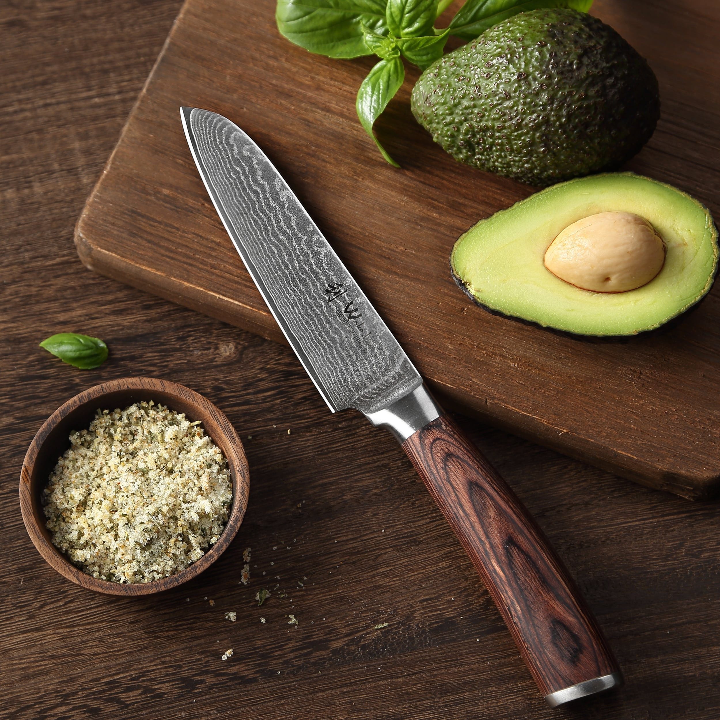 Wakoli Santokumesser EDIB Damast Kleines Santoku I Küchenmesser Kochmesser I12cm Klinge, Aus 67 Lagen Damaststahl, VG10 Kern, Pakkaholzgriff, inkl. Geschenkbox