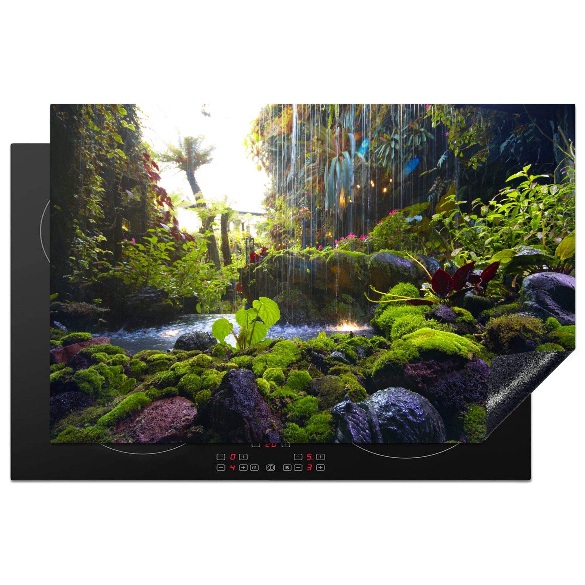 MuchoWow Herdblende-/Abdeckplatte Tropischer Regenwald mit Wasserfall, Vinyl, (1 tlg), 81x52 cm, Induktionskochfeld Schutz für die küche, Ceranfeldabdeckung