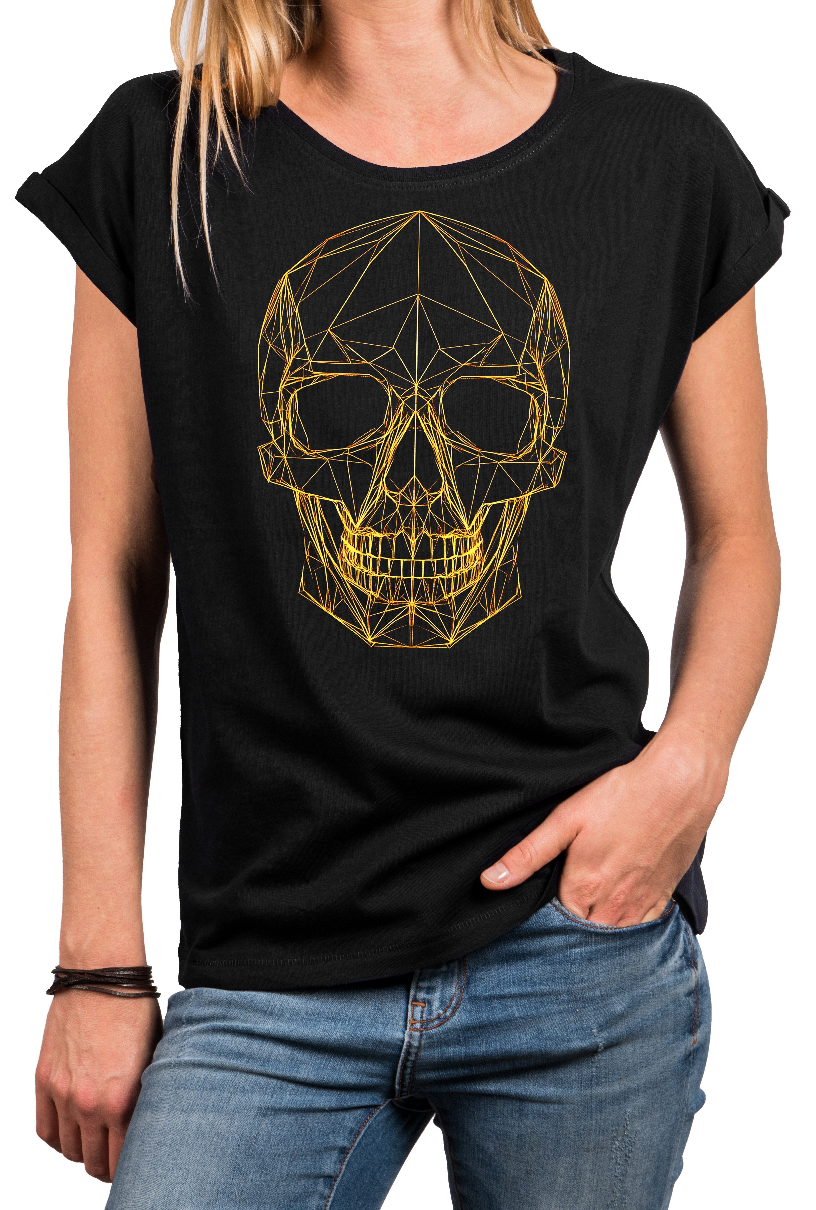 Print-Shirt Totenkopf Damen Tunika Glitzer Outline Elegant Strass Effekt