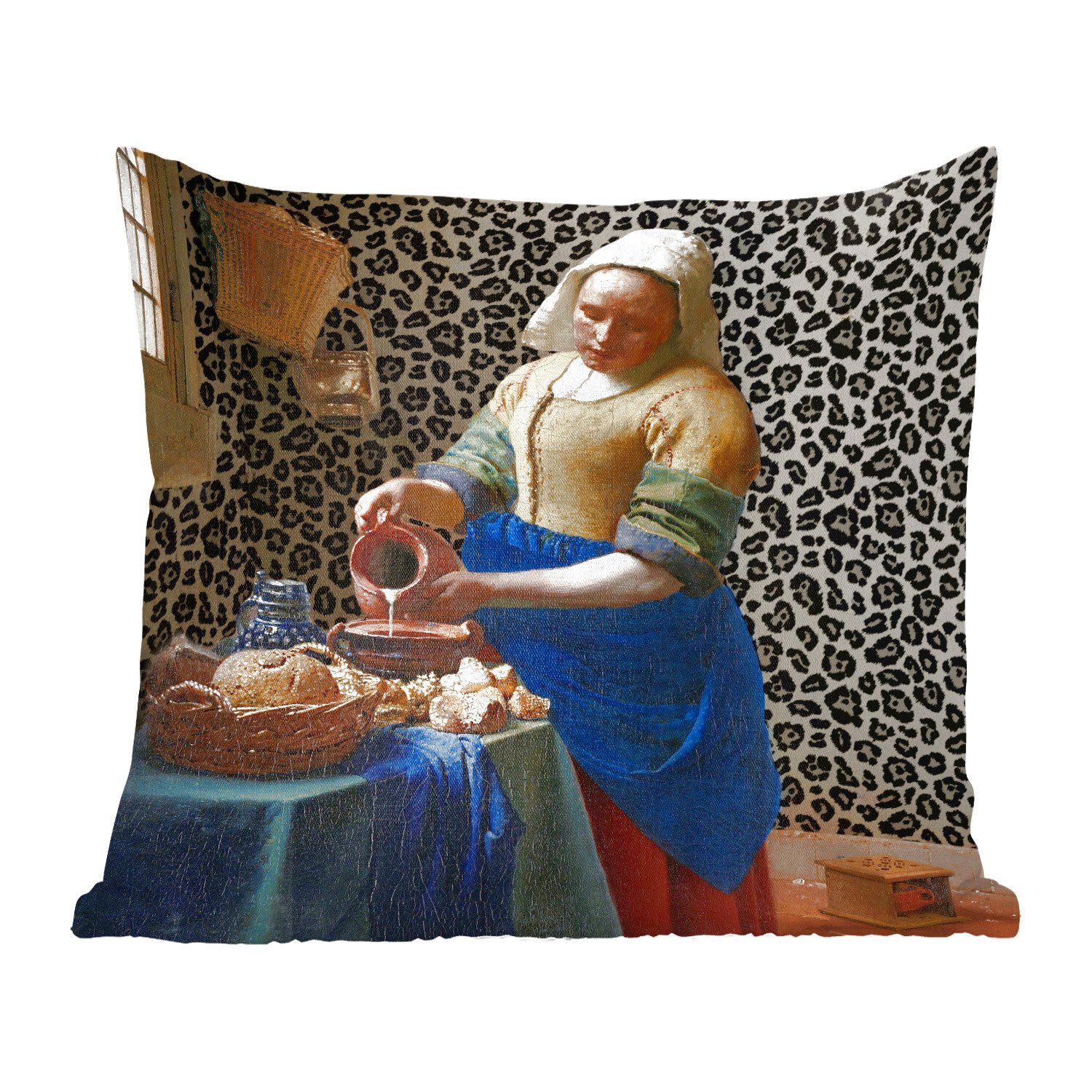 MuchoWow Dekokissen Milchmädchen - Kunst - Pantherdruck - Vermeer - Gemälde - Alte Meister, Zierkissen mit Füllung für Wohzimmer, Schlafzimmer, Deko, Sofakissen
