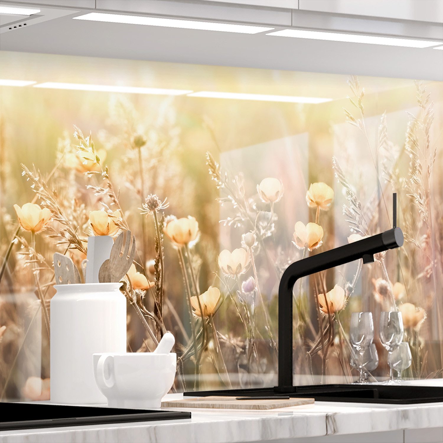 Stickerprofis Küchenrückwand WARMES BLÜTENBEET (Glasoptik), (Premium), 1,5mm, selbstklebend, hält auf besonders vielen Öberflächen