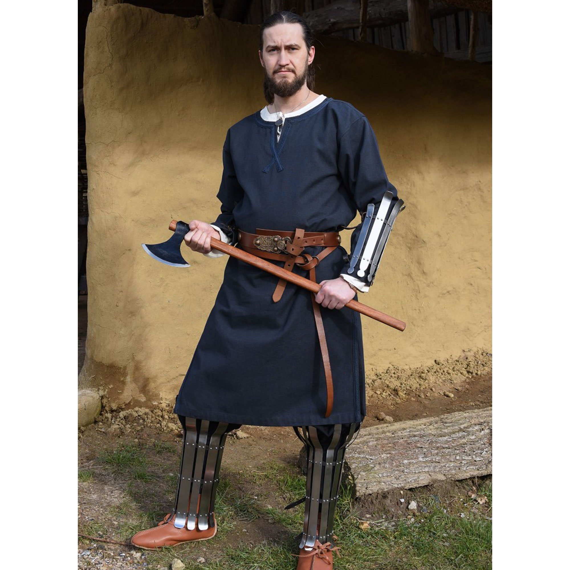 Wikinger-Kostüm Mittelalter Tunika Albrecht mit Borte, langarm, dunkelblau XL