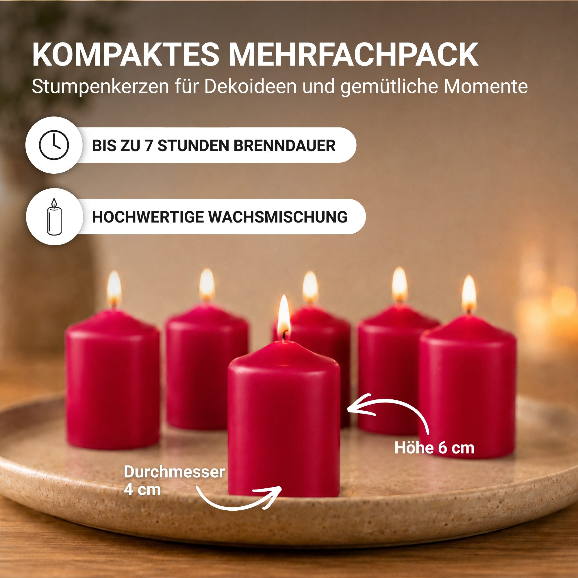 HS Candle Stumpenkerze kompakt und unparfümiert (6-tlg., Dekolicht), Ø4xH6 cm Teelichtgröße, bis zu 7h Brenndauer je Kerze, Wachsmischung