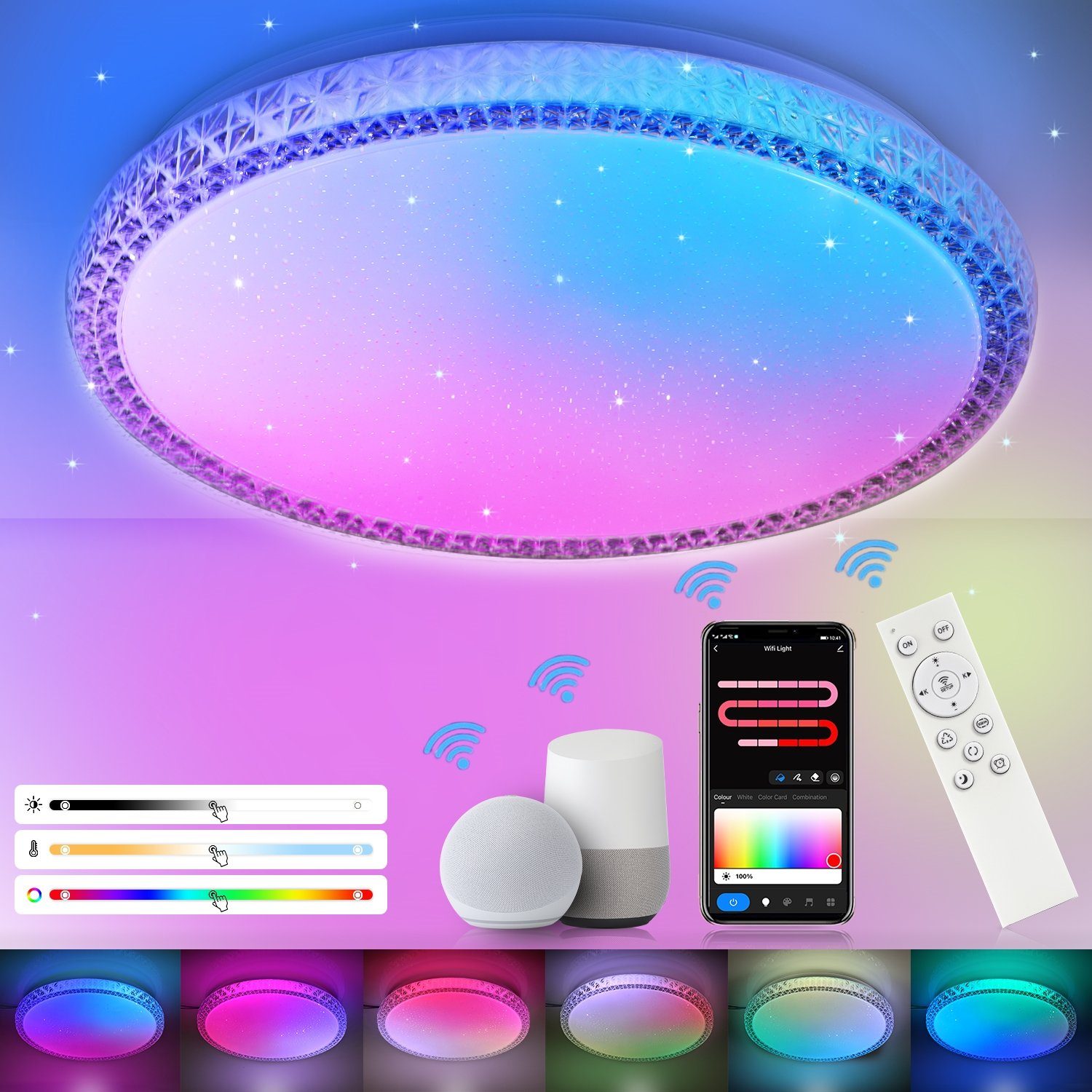 LETGOSPT Deckenleuchte 36W RGB LED Deckenlampe Dimmbar, Fernbedienung APP, LED fest integriert, RGB, Warmweiß, Neutralweiß, Kaltweiß, Dimmbar mit Fernbedienung, APP-Steuerung, Kristall LED Deckenlampe 20W mit WIFI+Fermbedienung