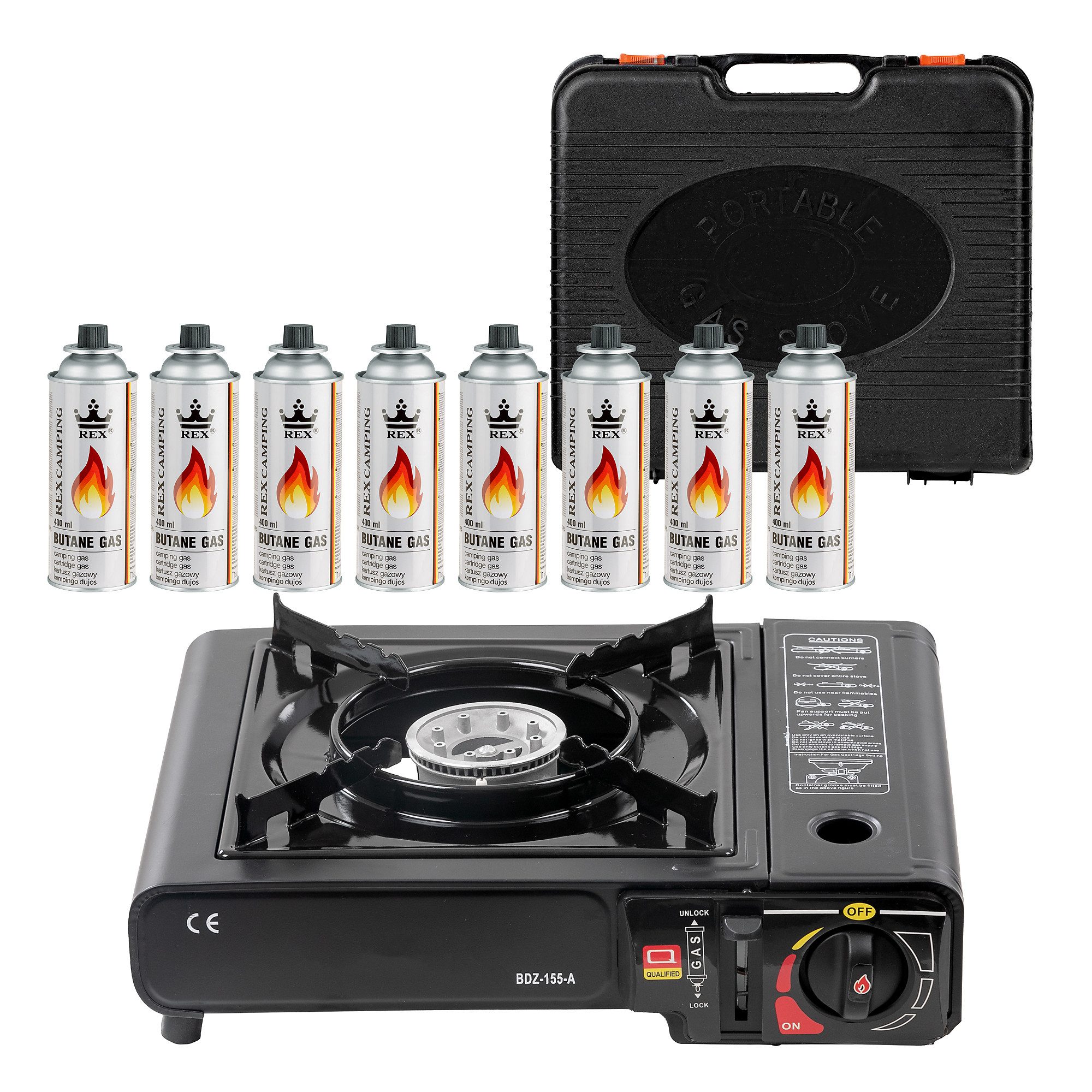 Camping-Gasgrill 1 flammig Gaskocher + 8 Gasflaschen + Koffer Campingkocher Gas Kocher