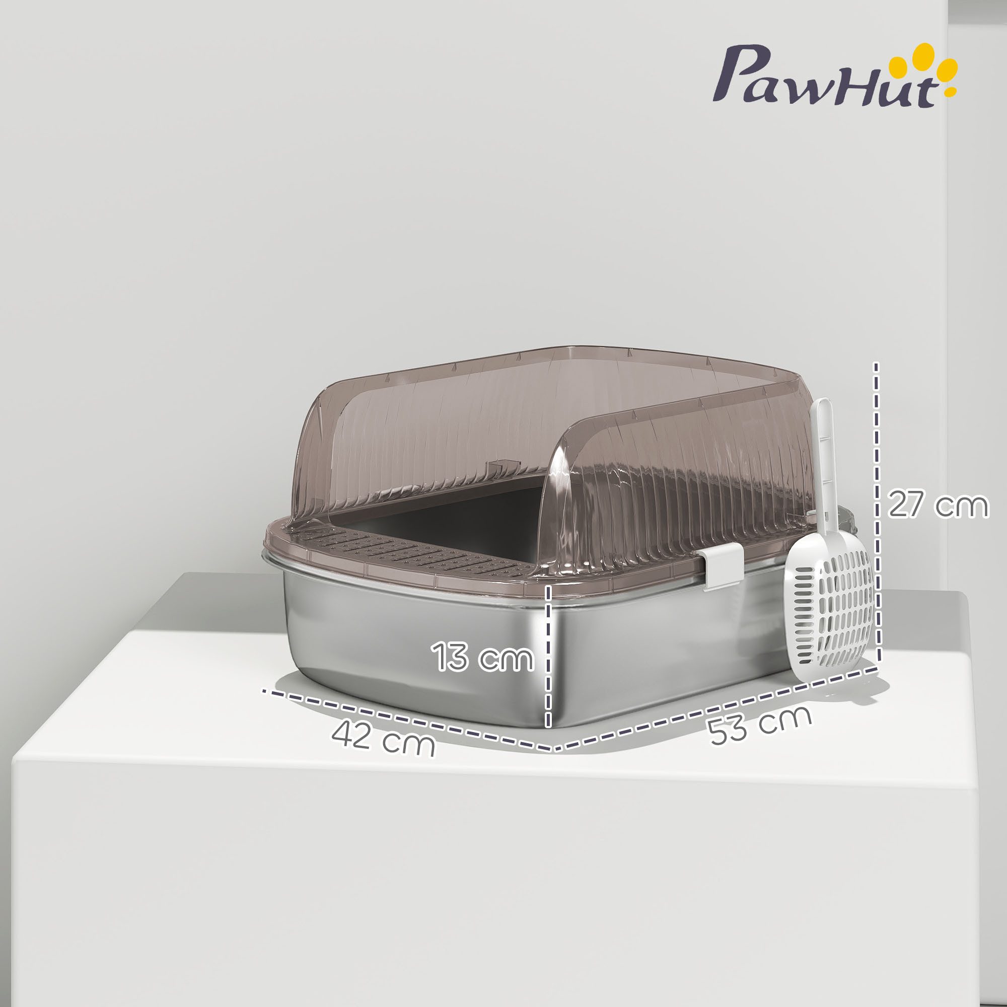 PawHut Katzentoilette Katzenklo Edelstahl mit hohem Rand, Wanne, Schaufel, für große Katzen unter 15 kg, Kohlegrau