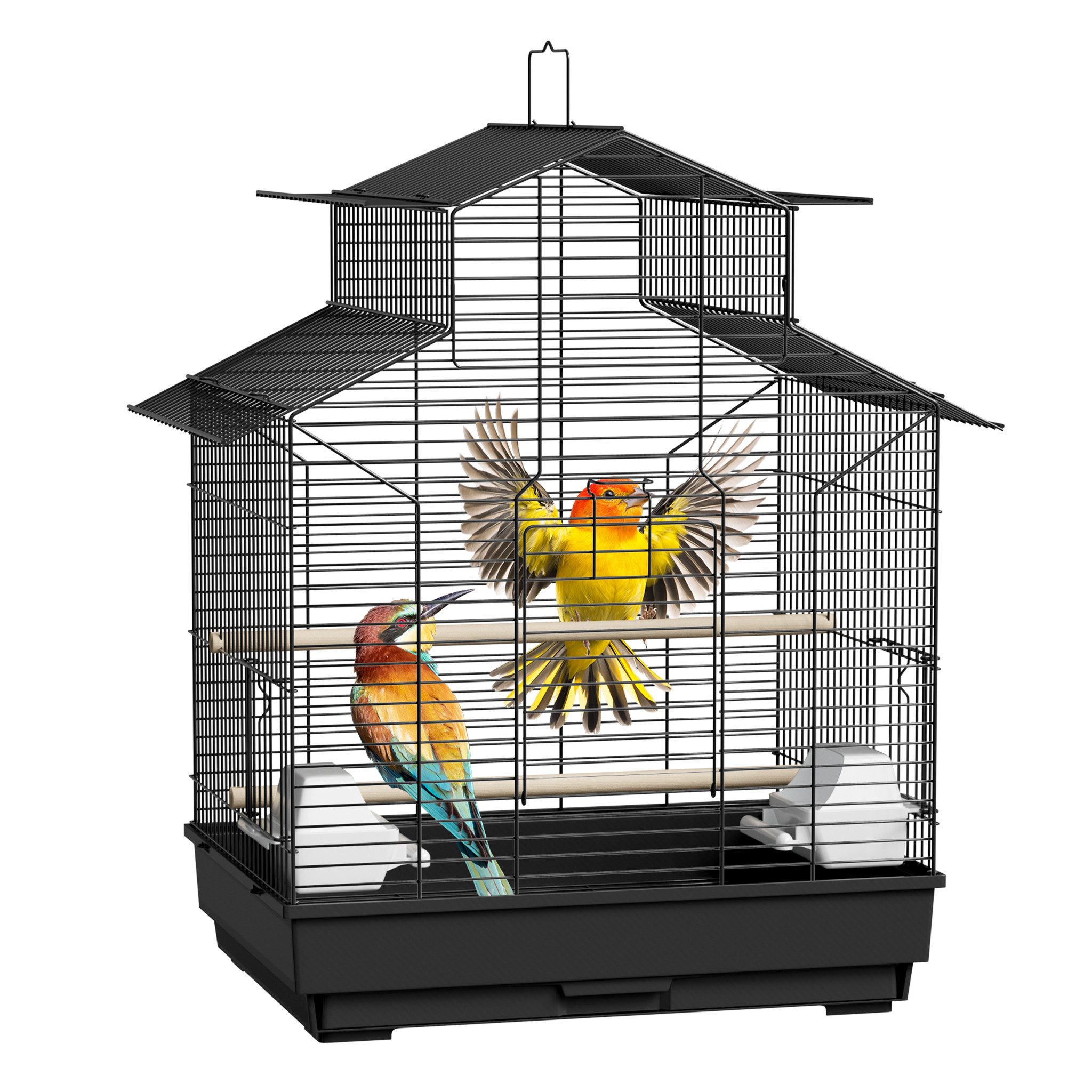 FIVMEN Vogelkäfig Papageienkäfig Vogelvoliere Vogelkäfig Vogelhaus Käfig Voliere, Voliere Kanarienvögelkäfig Schwarz 46x36x62cm (mit Dach)