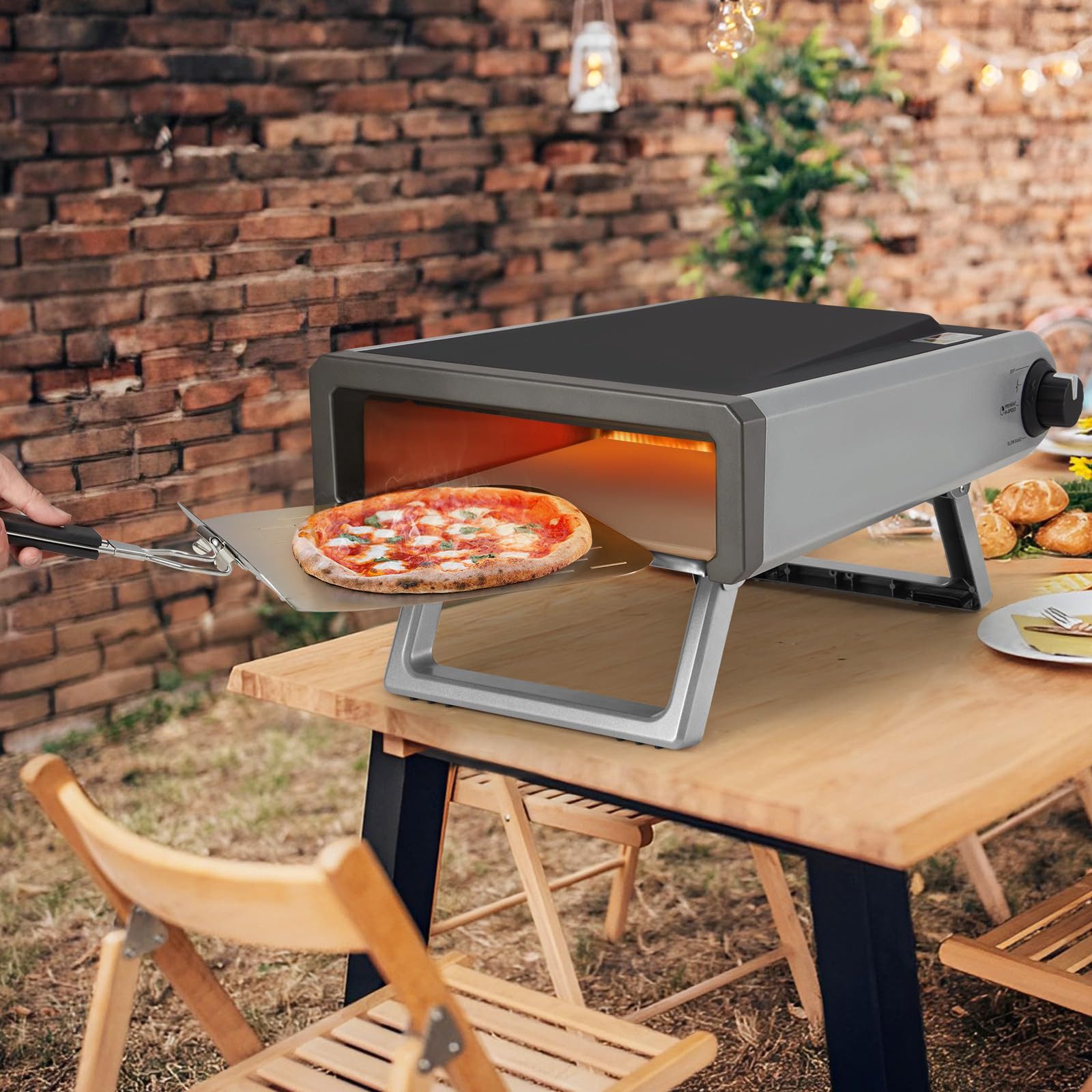 GarveeMore Gas-Pizzaofen aus Edelstahl mit Reisetasche, 12 Zoll Pizza in 60 Sekunden, 510°C, tragbar, zusammenklappbare Beine, für Outdoor-Camping und Garten