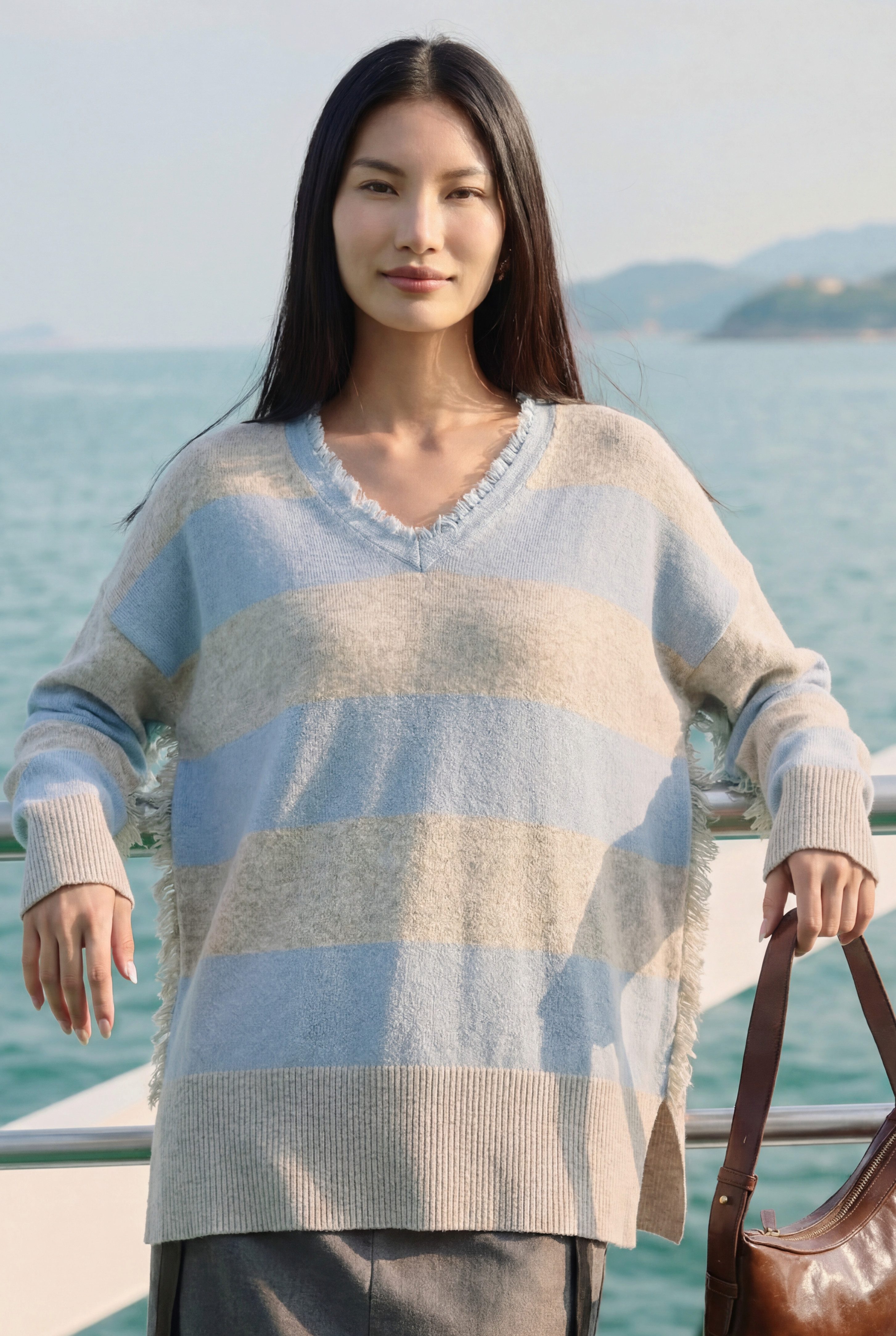 Zaubermond Strickpullover Boho Loose Pullover mit V-Ausschnitt, Blockstreifen & Fransen
