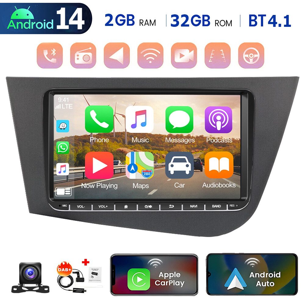 ESSGOO 7/9'' DAB+ 64G Für Seat Leon 1P1 05-12 Android 14 Autoradio Carplay Autoradio (Digitalradio (DAB), 4+64GB(optional), RDS, AM, FM, Carplay Android Auto Bluetooth EQ USB GPS Navi WIFI Touchscreen)
