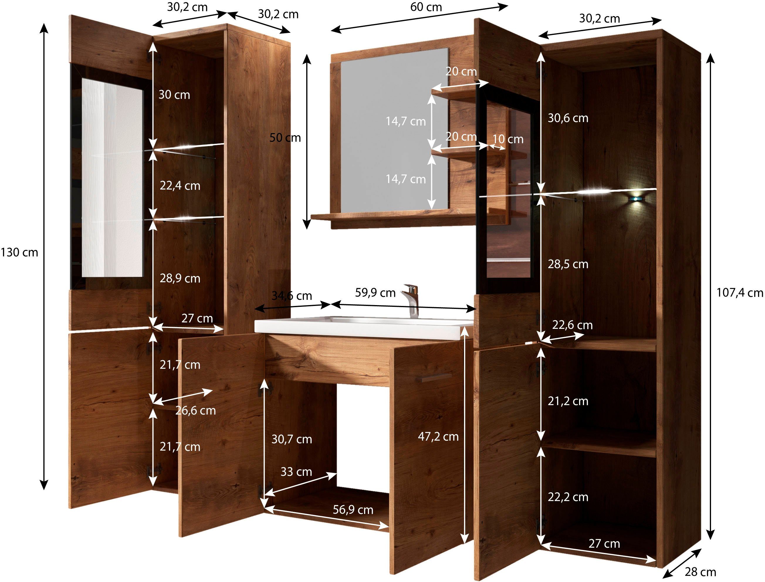 welltime Badmöbel-Set ARONA, Waschbecken), (Komplett-Set, Badschrank, Hochschrank, Waschtisch inkl. 4-St., Remo Waschbecken, Eiche San Spiegel mit