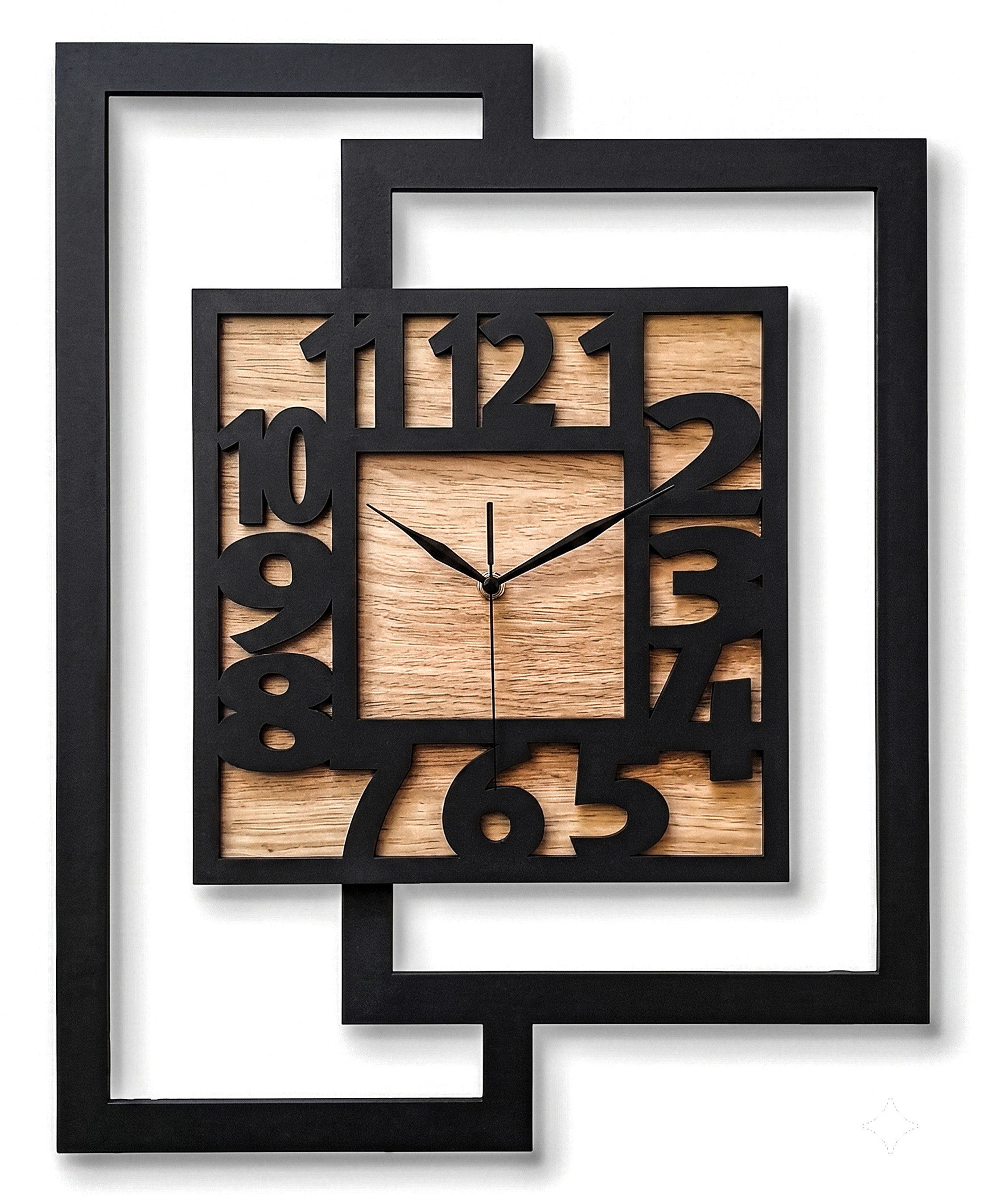 ORNAMENTI Wanduhr Große handgefertigte,moderne aus Holz, Hingucker,44 x 56 cm (Rechteckig vertikal, ohne Tickgeräusche für Wohnzimmer lesbare Ziffern)