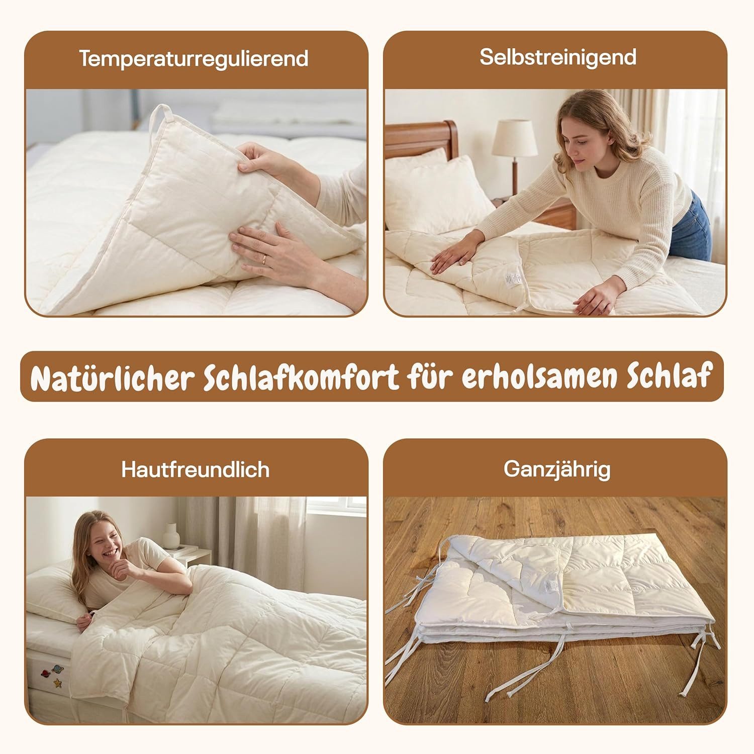geborgenschlafen Naturhaarbettdecke Schafwolle Ganzjahresdecke 100% Merino-Schafschurwolle, Füllung: Merinowolle, Bezug: Baumwolle, Luftdurchlässig & Temperaturausgleichend - Made in Germany
