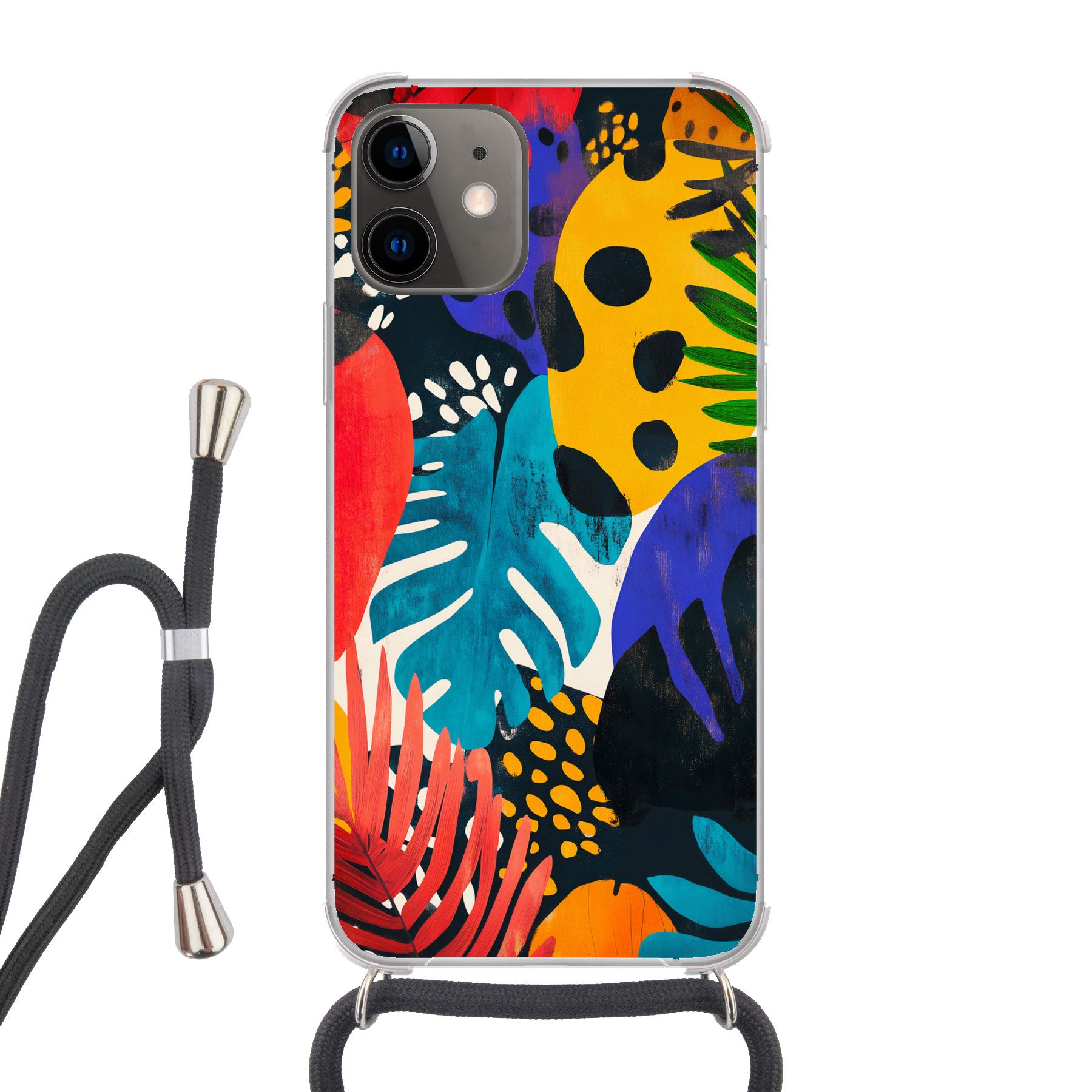 MuchoWow Handyhülle für Apple iPhone 12 Blätter - Formen - Abstrakt - Farbenfroh, Tragbare Handyhüllen mit Kette zum umhängen, Handykette Handyband