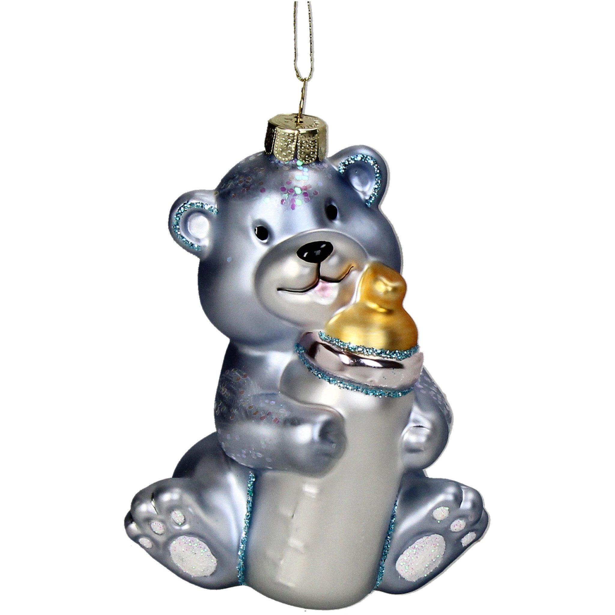 HD Collection Christbaumschmuck, Christbaumschmuck Glas 11,4cm Teddy mit Babyflasche Figur Blau