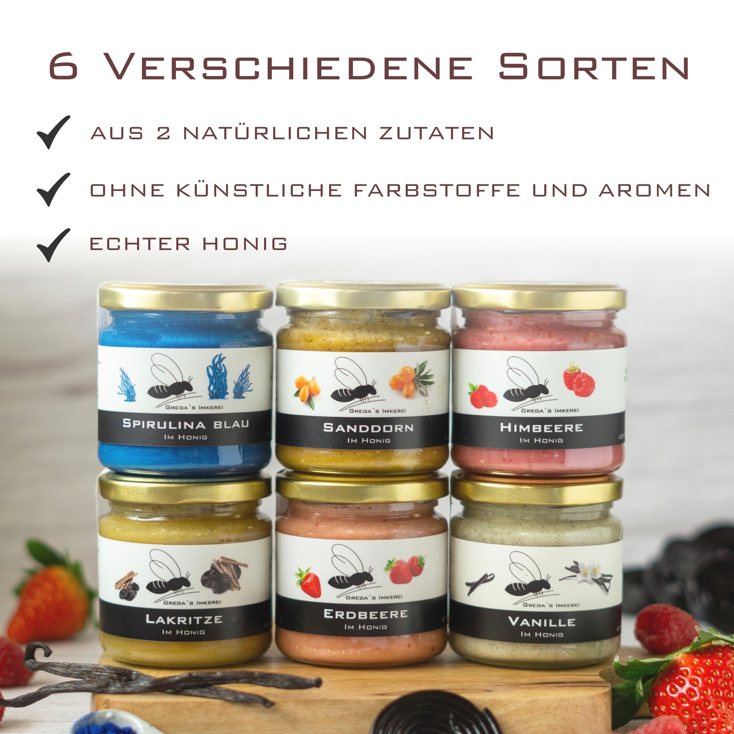 Grega´s Imkerei Honig 6er Box – Honigsüßer Brotaufstrich direkt vom Imker, 6 x 250 g, (perfektes Probier.- und Geschenkeset), 6 unterschiedliche Honigspezialitäten mit natürliche Zutaten