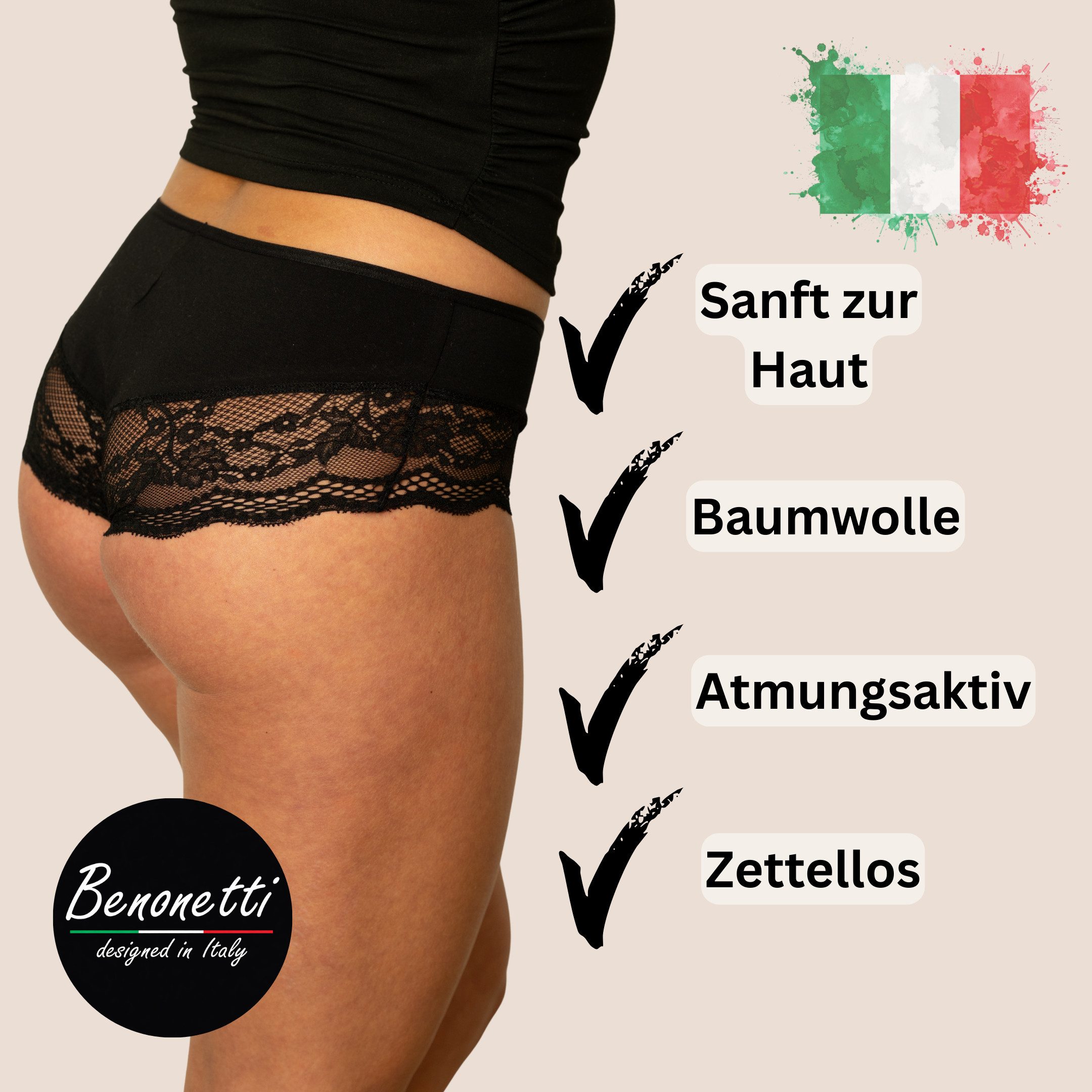 Benonetti Hipster Damen Unterwäsche – Baumwolle Hipster-Slips mit nahtloser Spitze (3er Set, 3er-Pack) mit Spitze, Elastikbund, Gemusterte Brasilslips