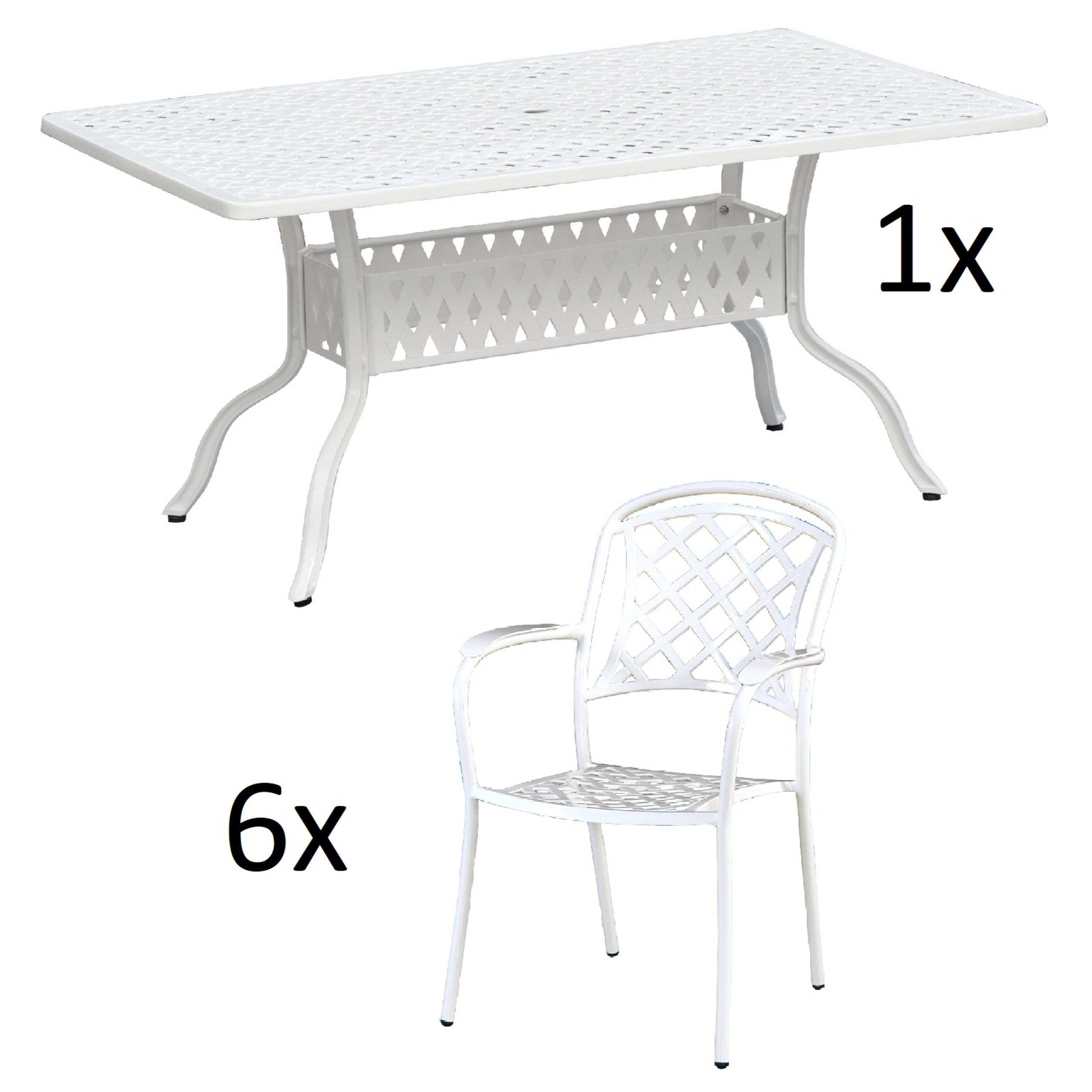 Inko Sitzgruppe Inko 7-teilige Sitzgruppe Alu-Guss weiß Tisch 150x97x74 cm cm mit 6