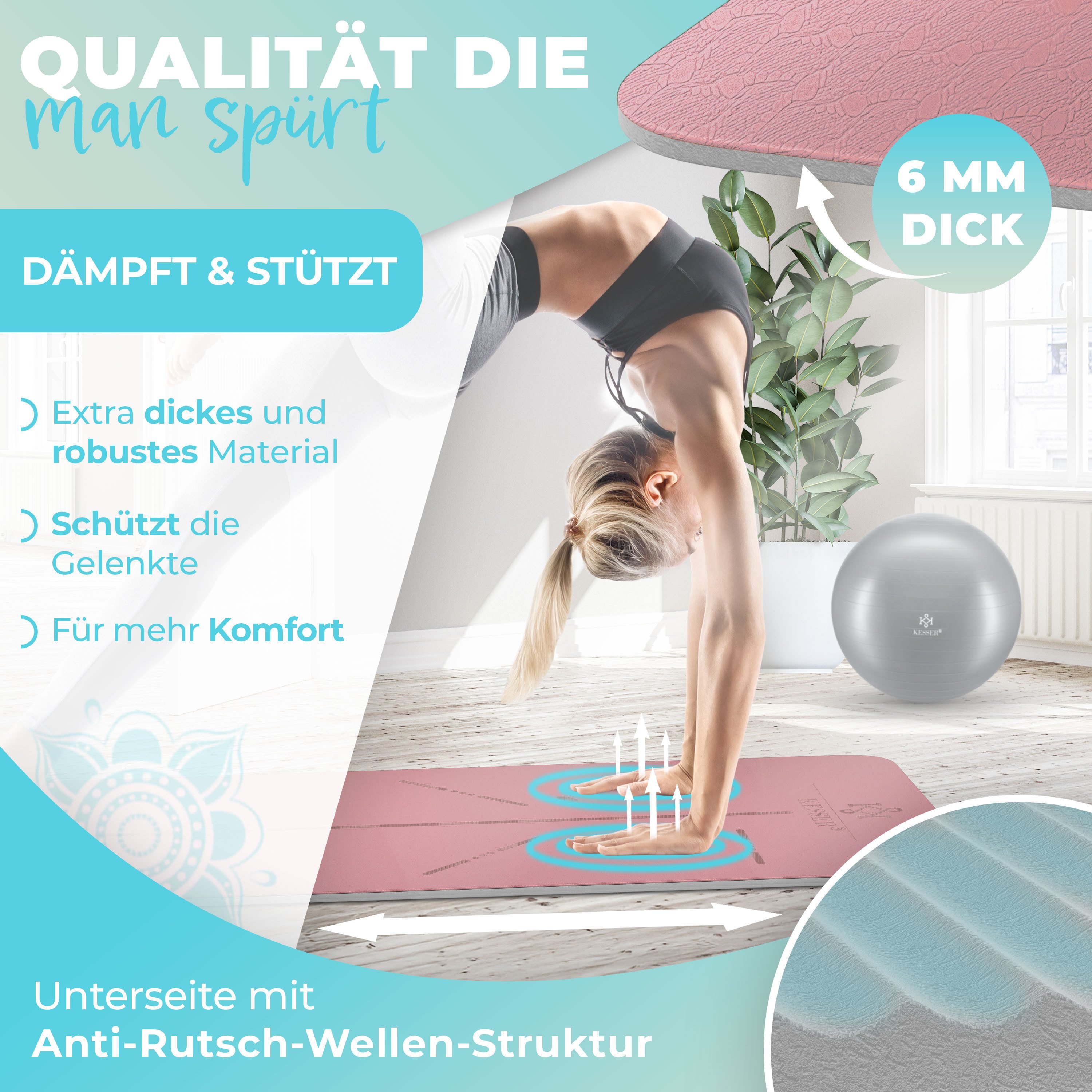 KESSER Yogamatte, Gymnastikmatte + Tragegurt rutschfest TPE Yogamatte gepolstert