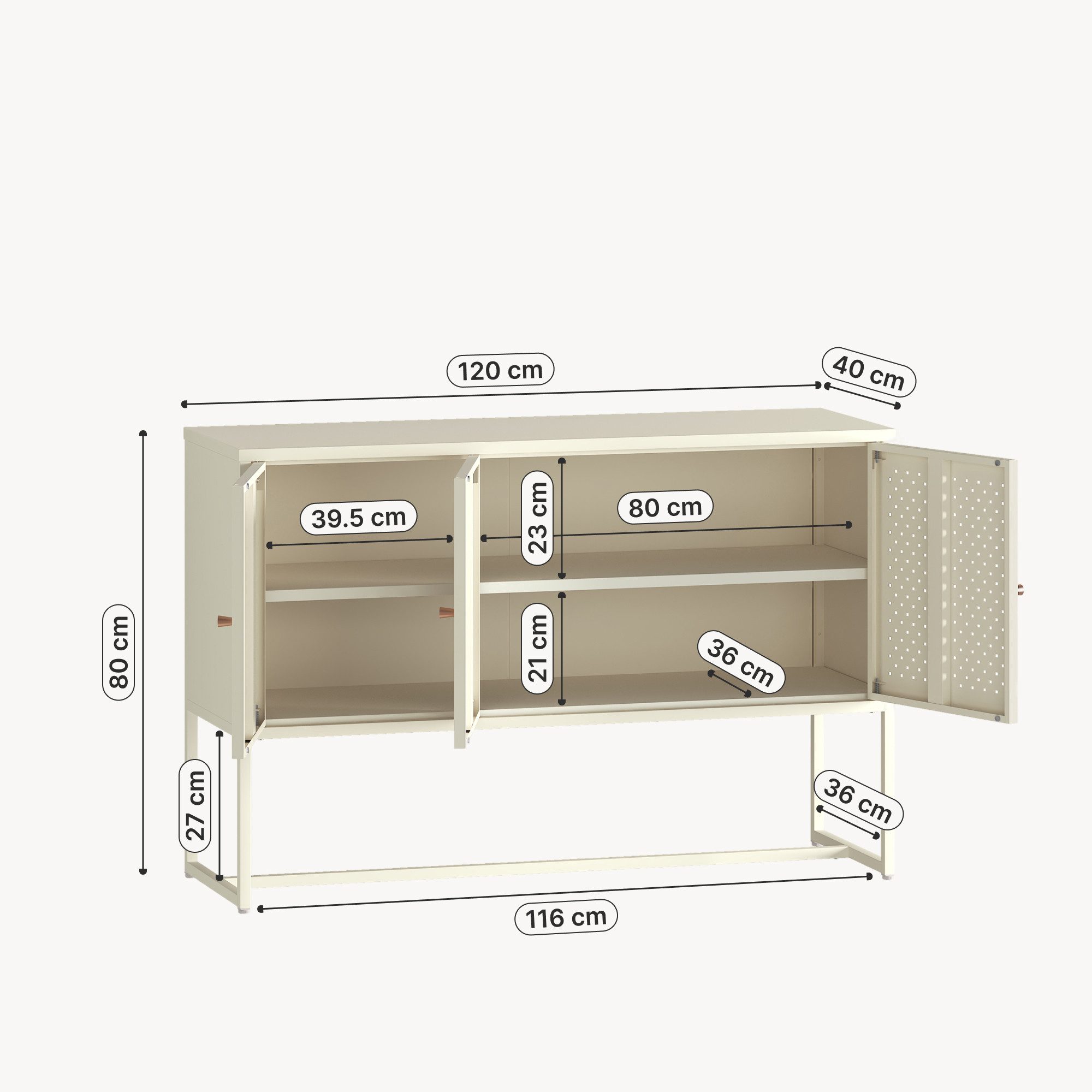 en.casa Sideboard, »Viitasaari« 120 x 40 x 80 cm mit 3 Türen Stahl Cremeweiß