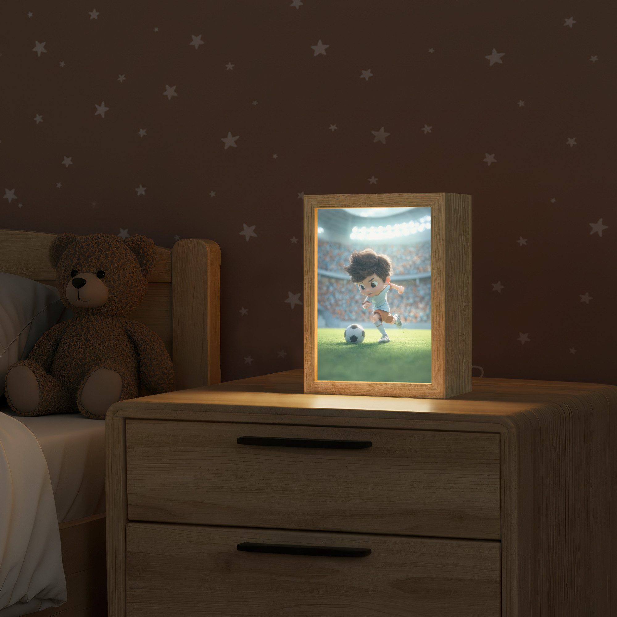 OnlyWow Nachttischlampe Lightbox Fußball - Junge - Stadion - Jungen, Dimmbar, Farbwechsel, LED, Warmweiß, Kaltweiß, Neutralweiß Einstellbar, Kinderzimmer, Babyzimmer, Dimmbar, mit Kabel, Nachtlampe, LED
