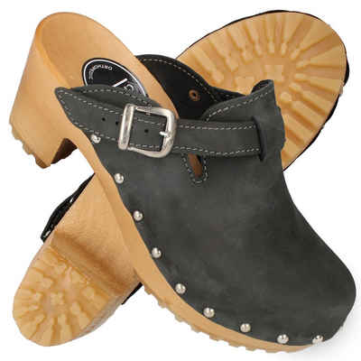 Cloque Berhida Damen Leder Clogs mit Absatz, Echtholz, Schnalle Clog Holzclog, zum Schlupfen, Aus echtem Leder