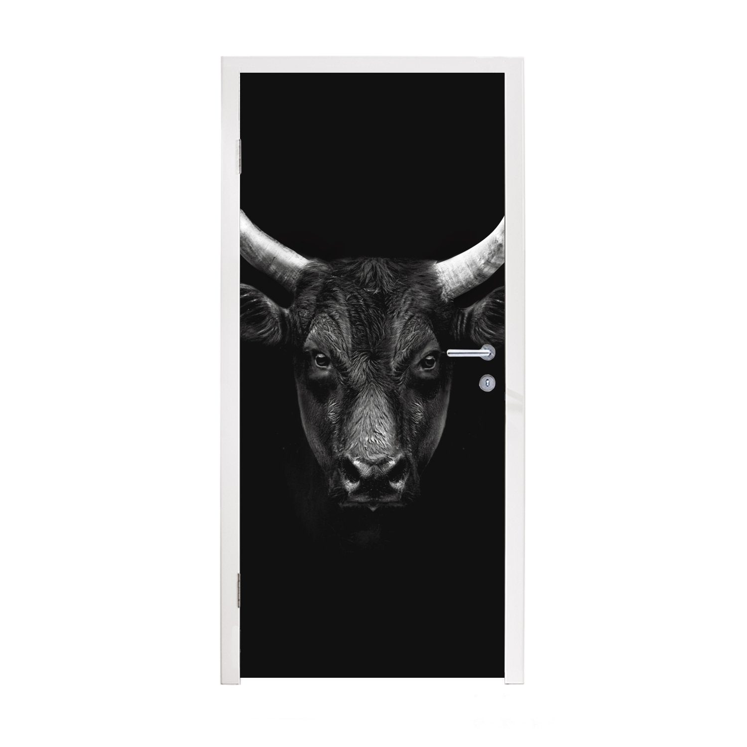 MuchoWow Türtapete Tiere - Stier - Schwarz - Weiß - Porträt, Matt, bedruckt, (1 St), Fototapete für Tür, Türaufkleber, 75x205 cm