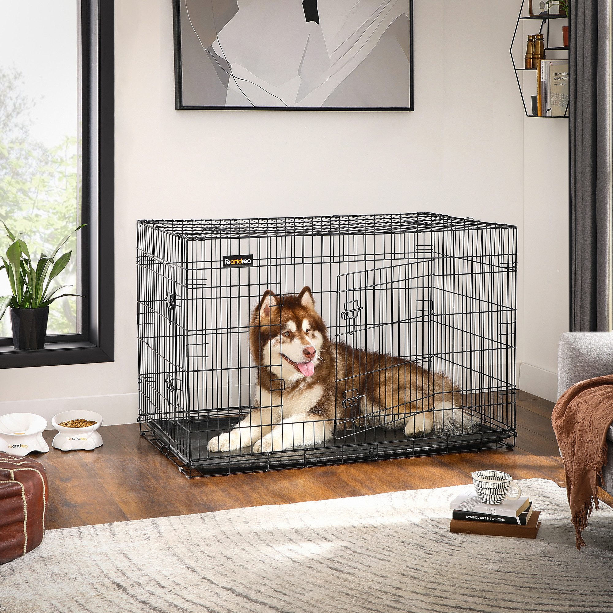 FEANDREA Tiertransportbox Hundekäfig, klappbar, mit 2 Türen, ausziehbare Schale, L/XL/XXL/XXXL