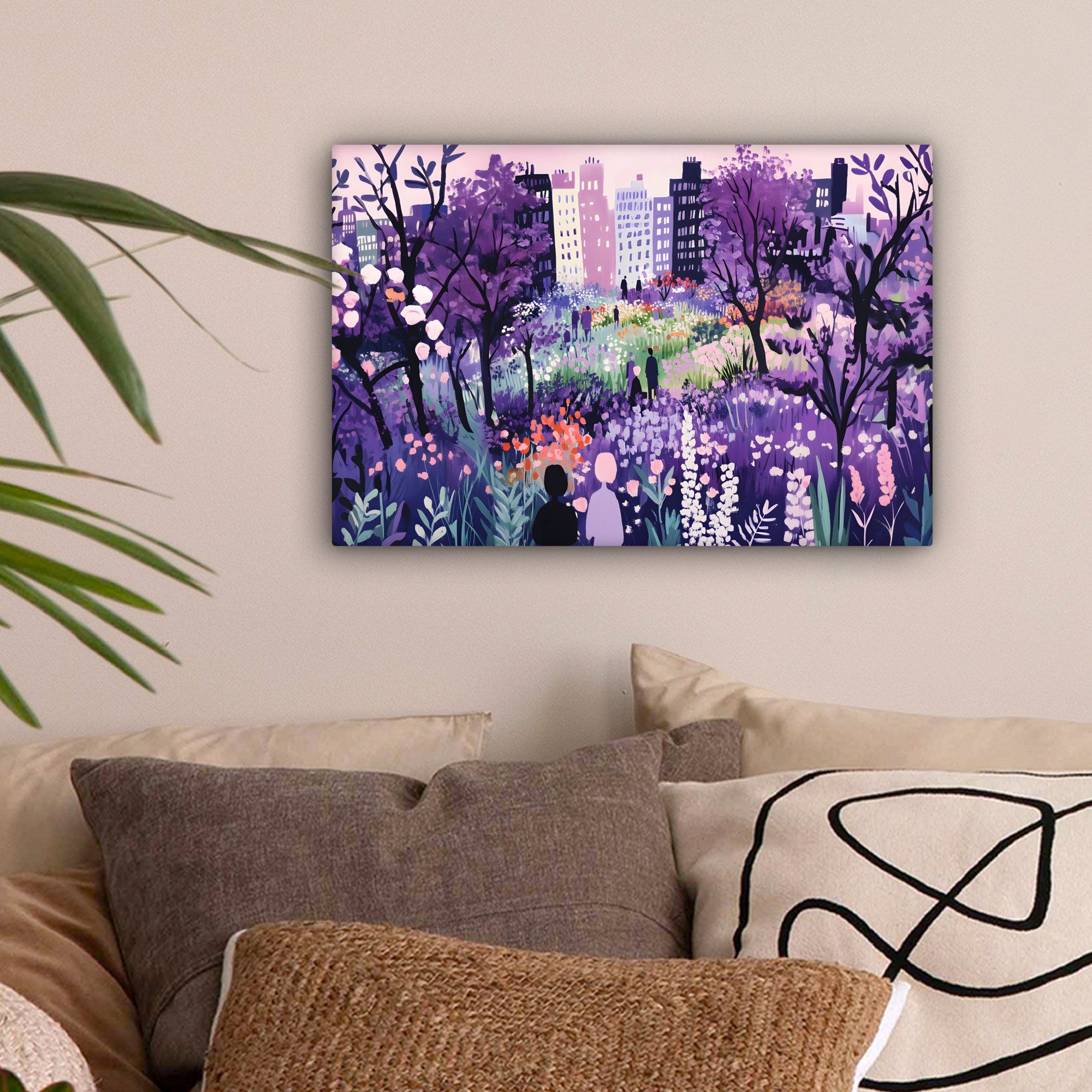 OneMillionCanvasses® Leinwandbild Park - Bäume - Blumen - Gebäude, Fotodruck (1 St), Leinwand Bilder Klein, Wand Dekoration Aesthetic 30x20 cm