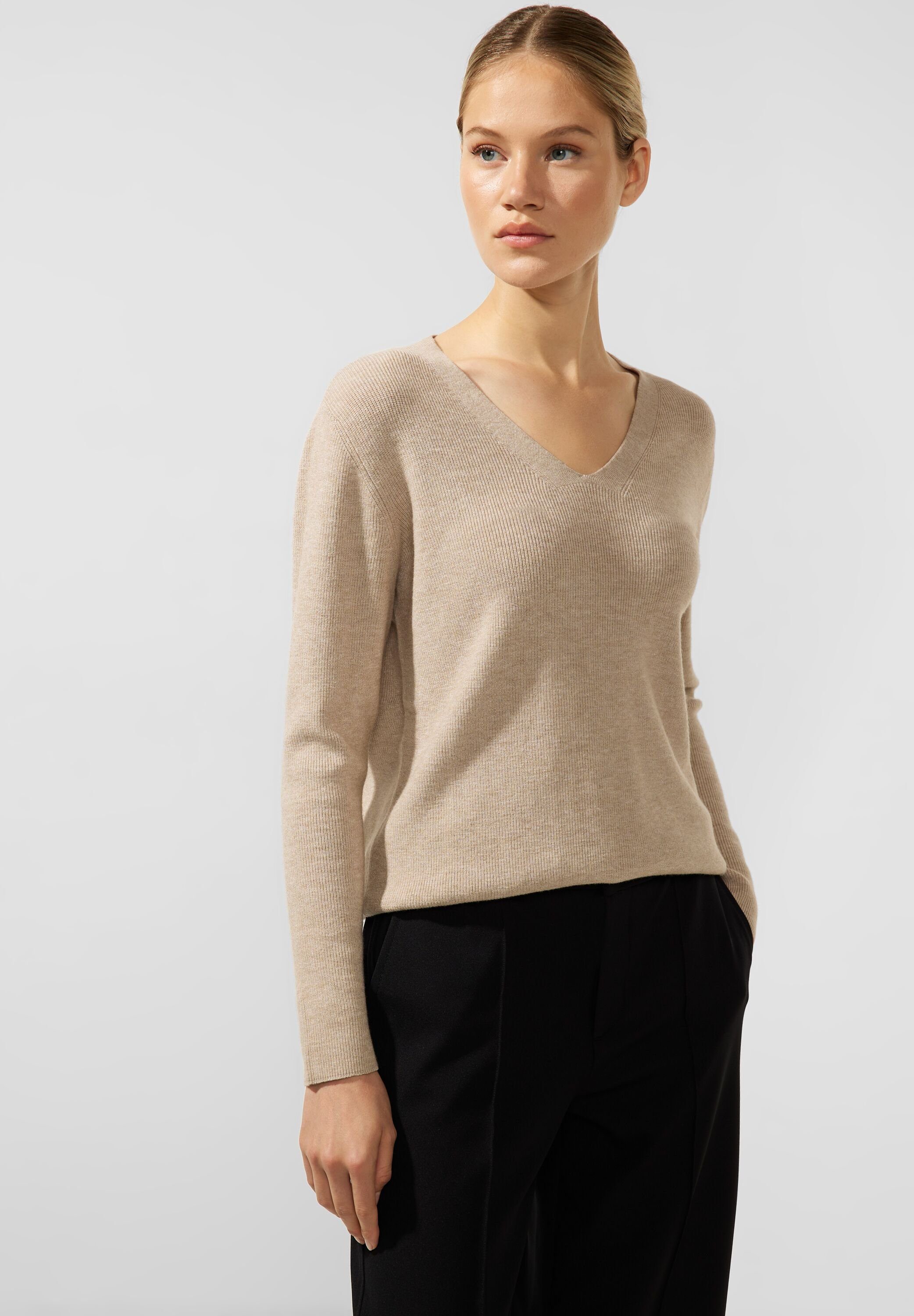 melange V-Ausschnitt-Pullover ONE STREET in bleached sand Unifarbe