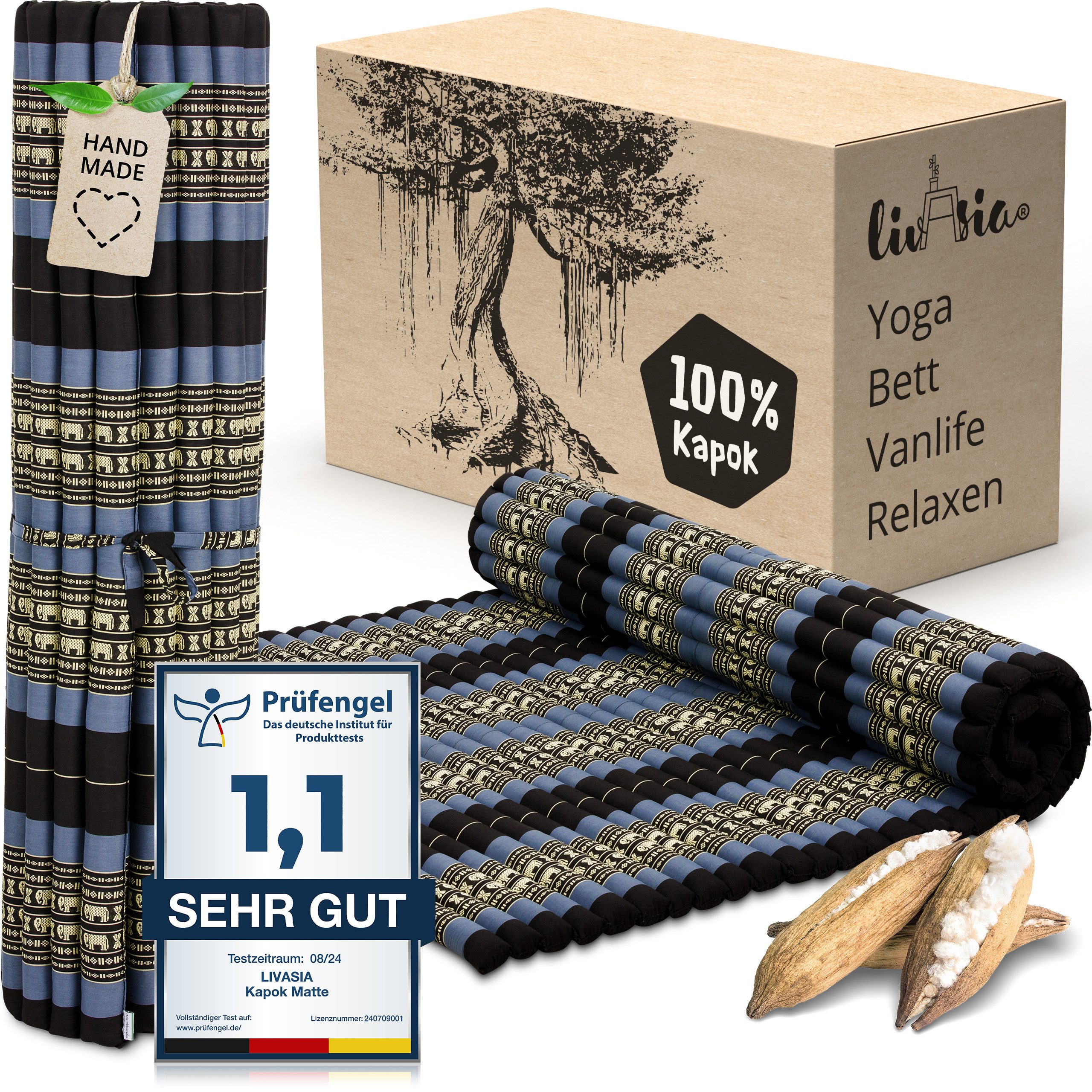 Reisebett-Matratzen Rollmatte 145 cm breit, vegan und handgefertigt, 205x145x4,5cm, livasia, 4.5 cm hoch, Kapok