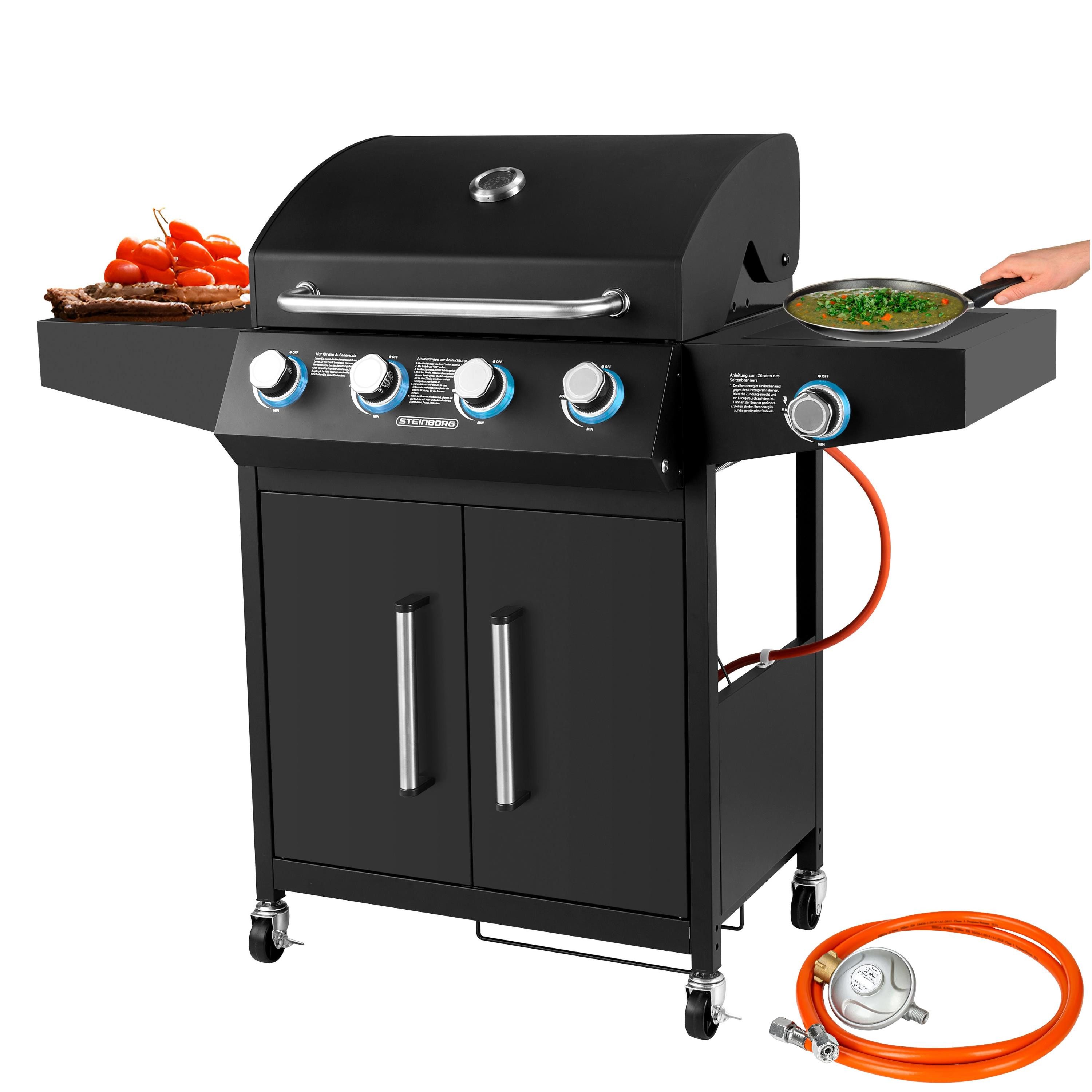 STEINBORG Gasgrill SB-8180, mit Schutzhaube, 4 Hauptbrenner + 1 Seitenbrenner,Beleuchtete Drehknöpfe