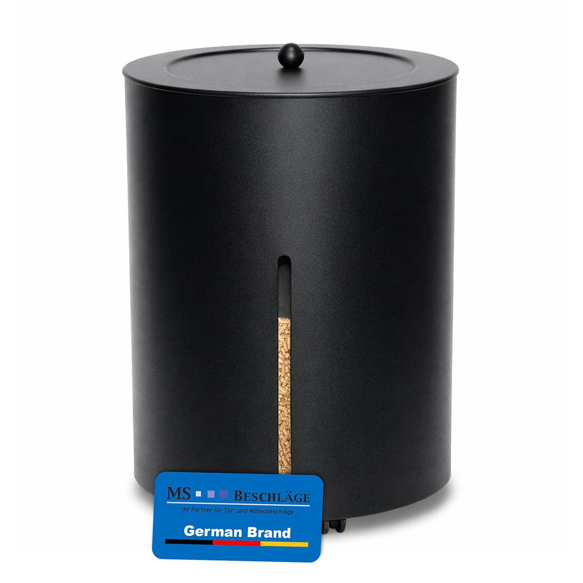 MS Beschläge Kaminholzkorb Pellets-Rollcontainer Schwarz Ø 39cm Pellettonne, Pelletbehälter h 51cm Pelletkorb mit Deckel