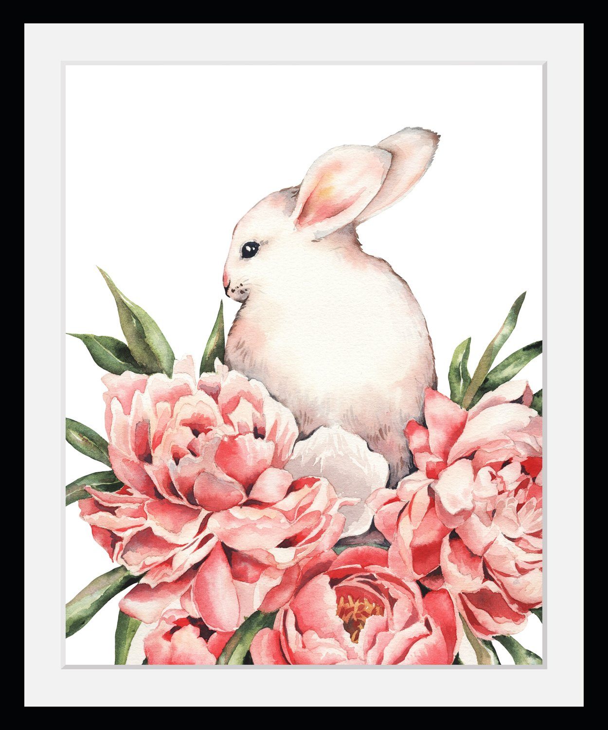 Bild mit Rahmen Hase - Rosen - Ostern - Gerahmter Digitaldruck - Wandbild