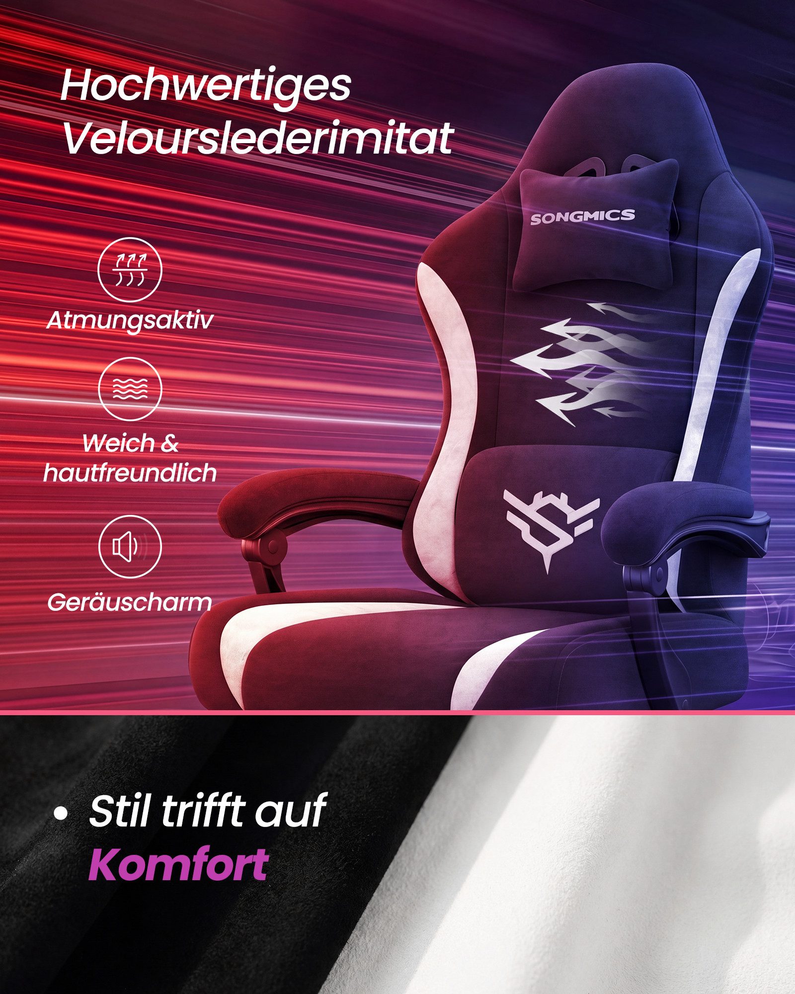 SONGMICS Drehstuhl Gaming Stuhl, ergonomischer Bürostuhl, mit Fußstütze und Lendenkissen, 135° Neigung, aus Polyester, 70 x 70 x 120-130 cm