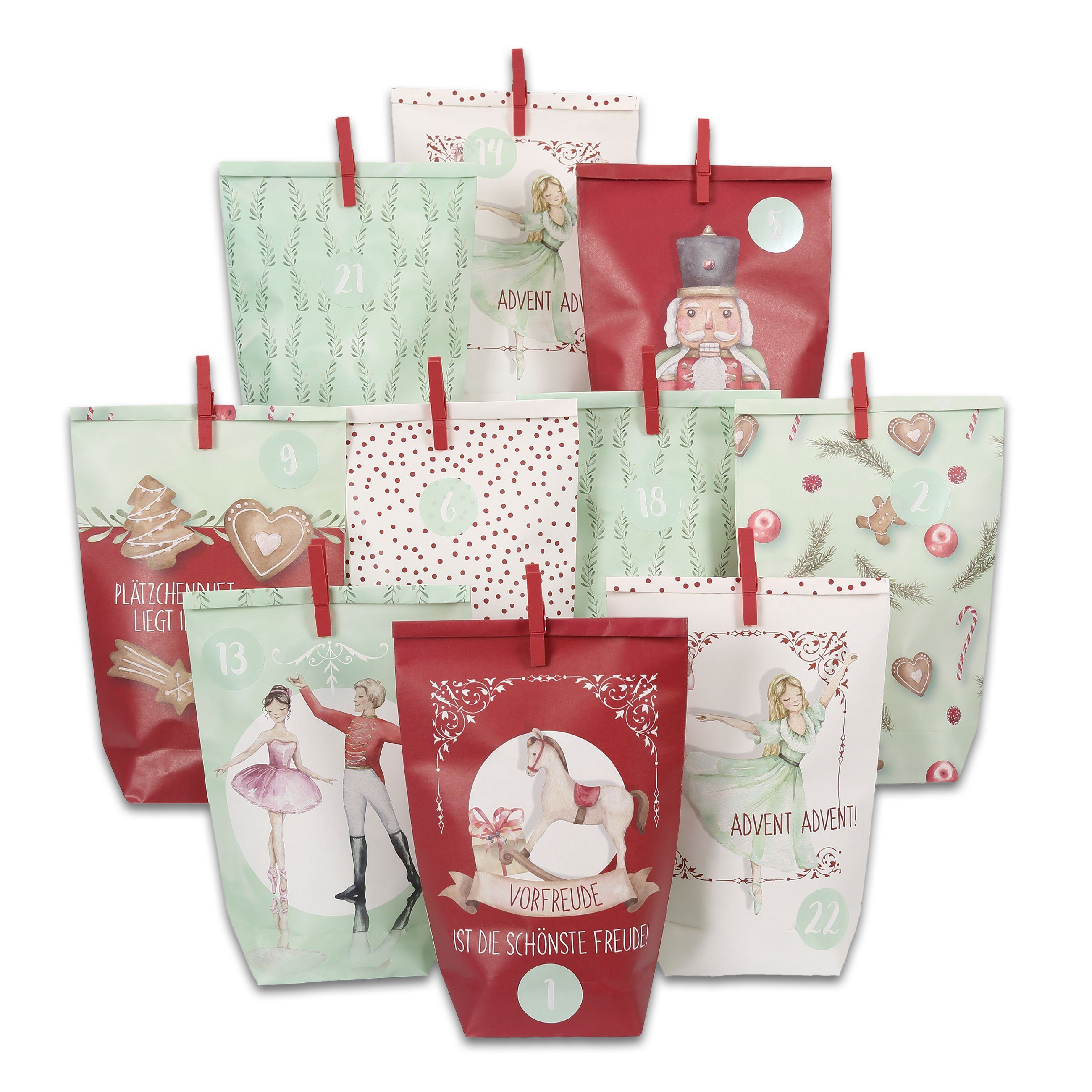 PAPIERDRACHEN befüllbarer Adventskalender Adventskalender mit bedruckten Tüten, Adventskalender zum selber befüllen