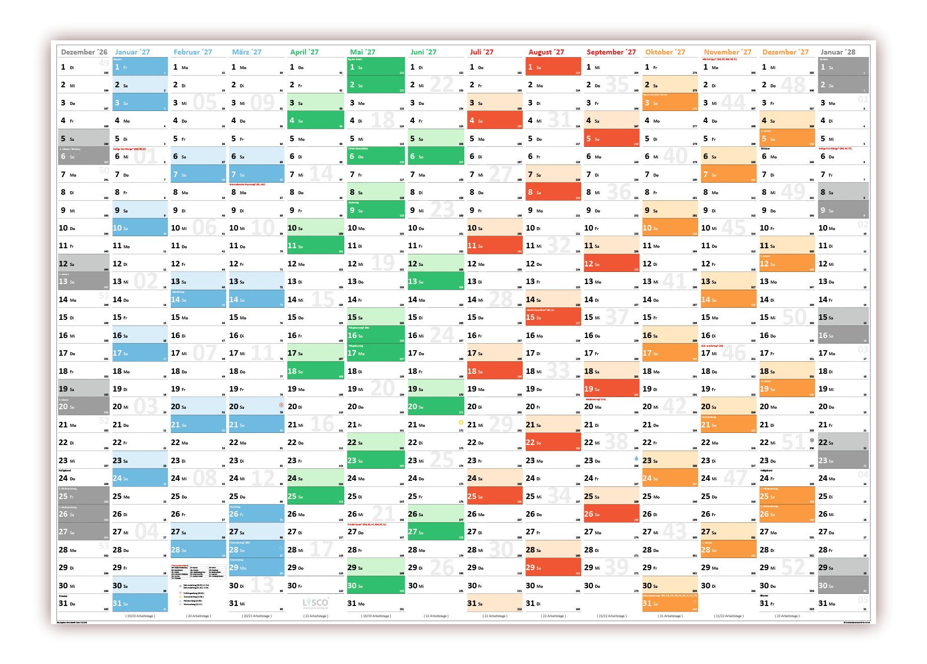 LYSCO Wandkalender Rainbow Premium Classic2 Wandplaner 2027 (gerollt), erhältlich in den Formaten DIN A2, DIN A1 und DIN A0, Rainbow Kalender Terminkalender Bürokalender Jahreskalender