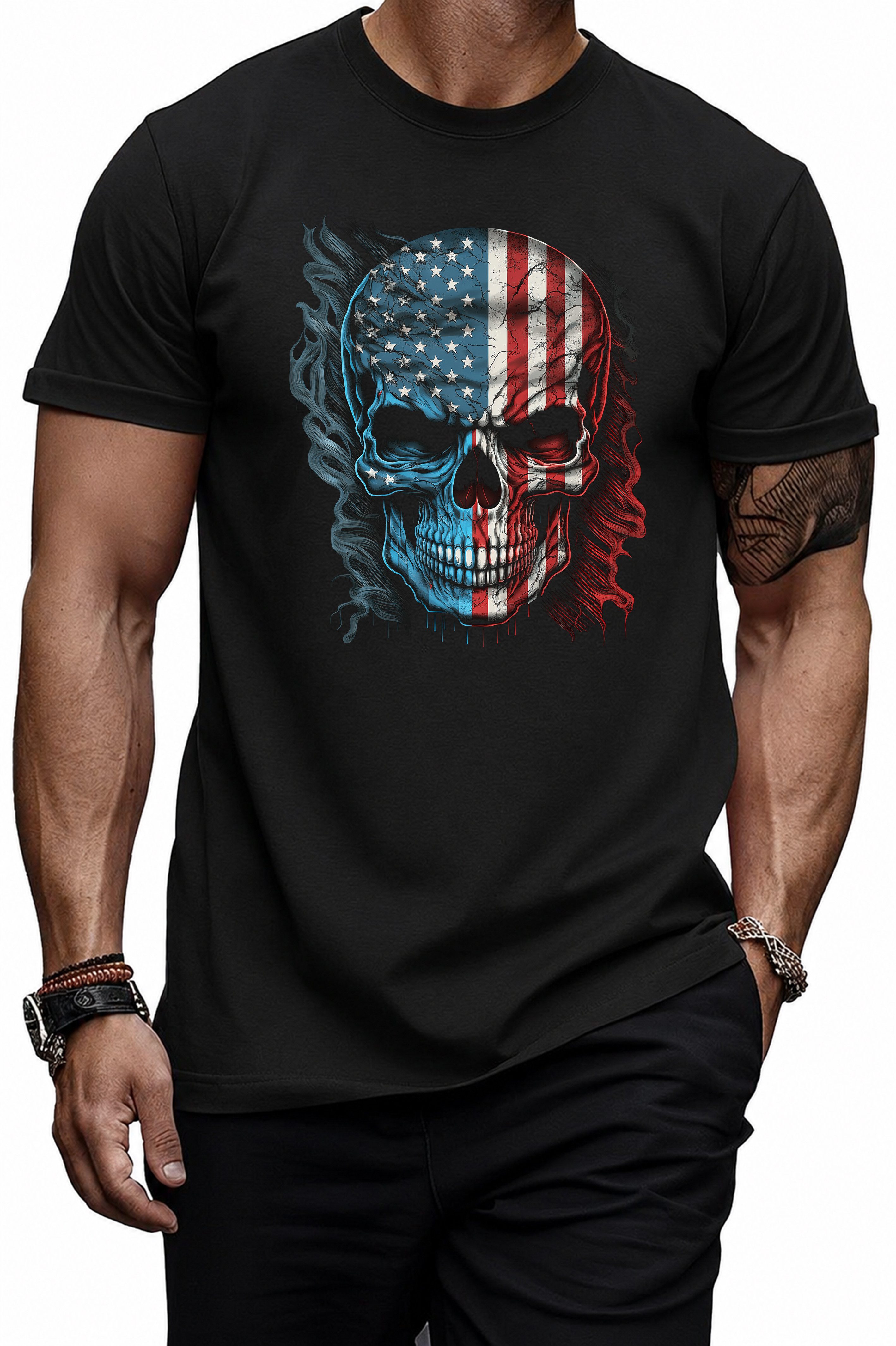 T-Shirt Herren Rundhals Shirt Totenkopf Schädel Skull USA