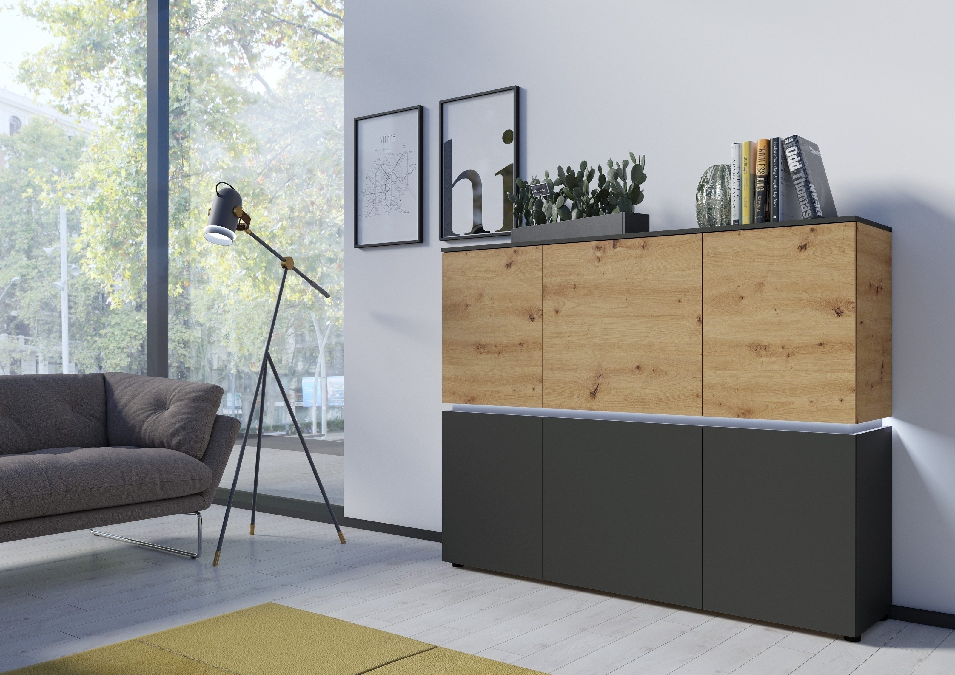 freiraum Highboard LUCI, 6 Türen, Beleuchtung, Artisan Eiche Dekor/Grau - 166x132x40cm BxHxT
