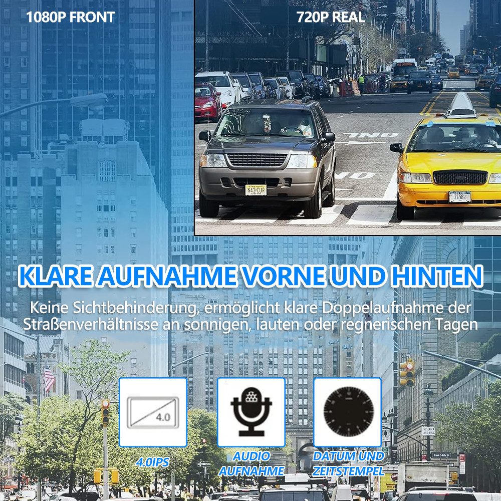 MOPUEA Dashcam 4 Zoll Bildschirm 1080P 2 Kamera 140° Weitwinkel Dashcam (Full HD, Dashcam mit 4 Zoll Bildschirm 2 Kameras und 32GB Karte, 1080P Aufnahme Nachtsicht 140 Grad Weitwinkel Touchscreen)