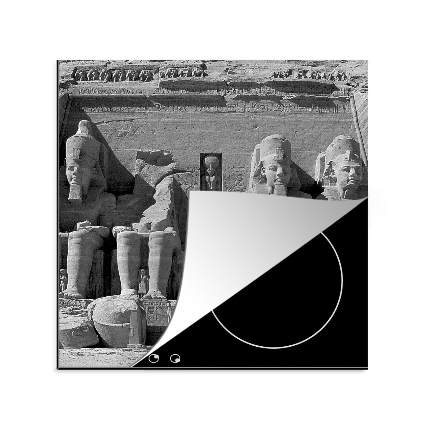 MuchoWow Herdblende-/Abdeckplatte Der Tempel von Abu Simbel in schwarz-weiß, Vinyl, (1 tlg), 78x78 cm, Ceranfeldabdeckung, Arbeitsplatte für küche