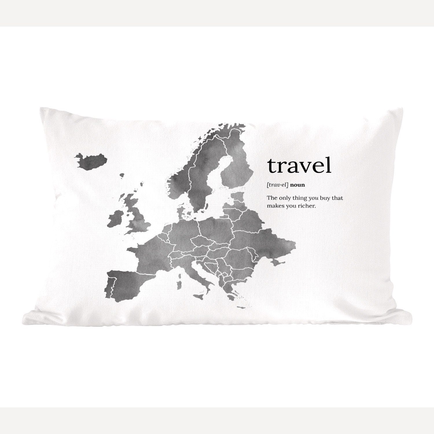 MuchoWow Dekokissen Europa-Karte in grauer Aquarellfarbe mit dem Wort: travel -, Wohzimmer Dekoration, Zierkissen, Dekokissen mit Füllung, Schlafzimmer