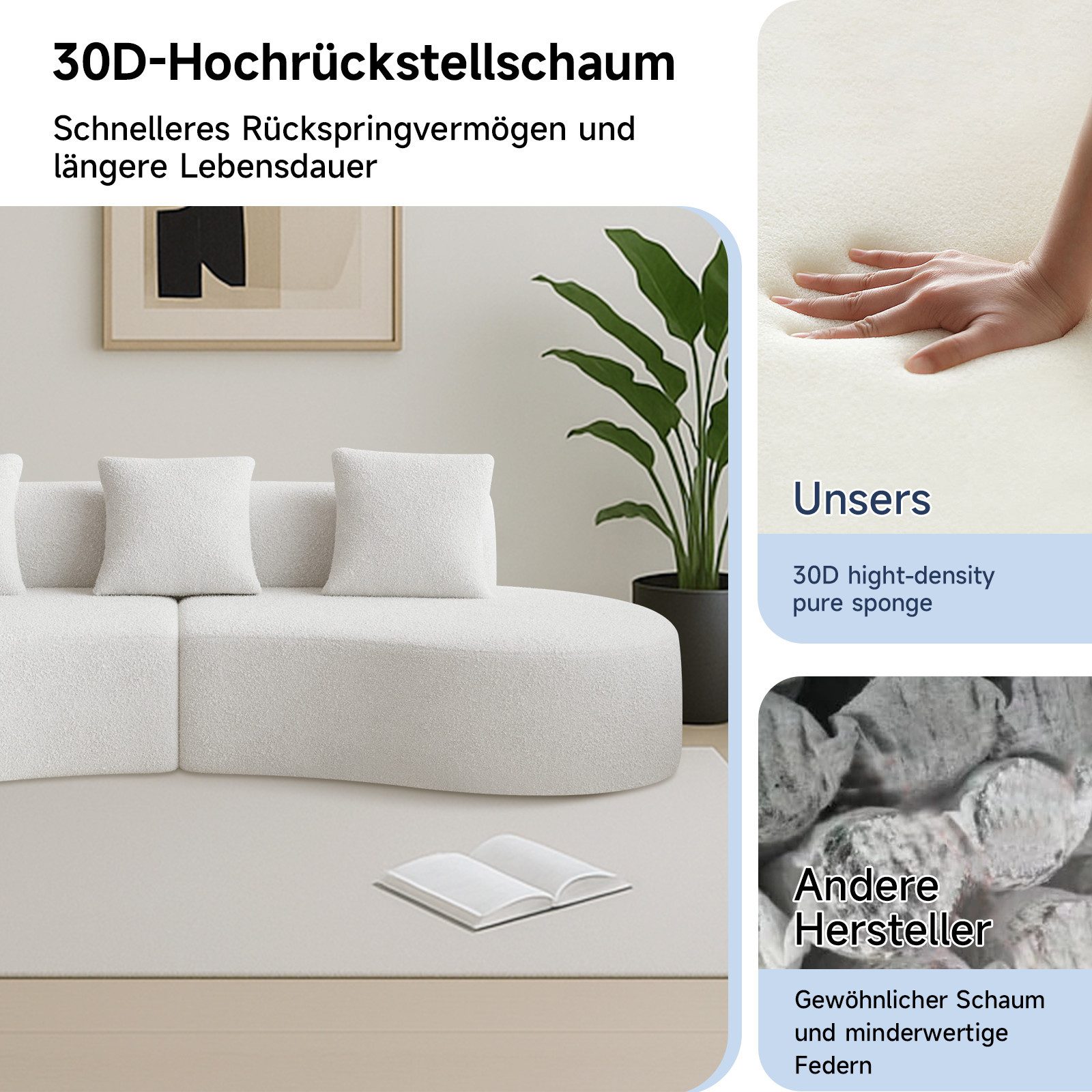 i@home Ottomane Komprimiertes Sofa, Gebogenes Sofa, Bequem und Stylish, Ohne Montage, 277*103*68(L*W*H), Weiß/Blau/Grau