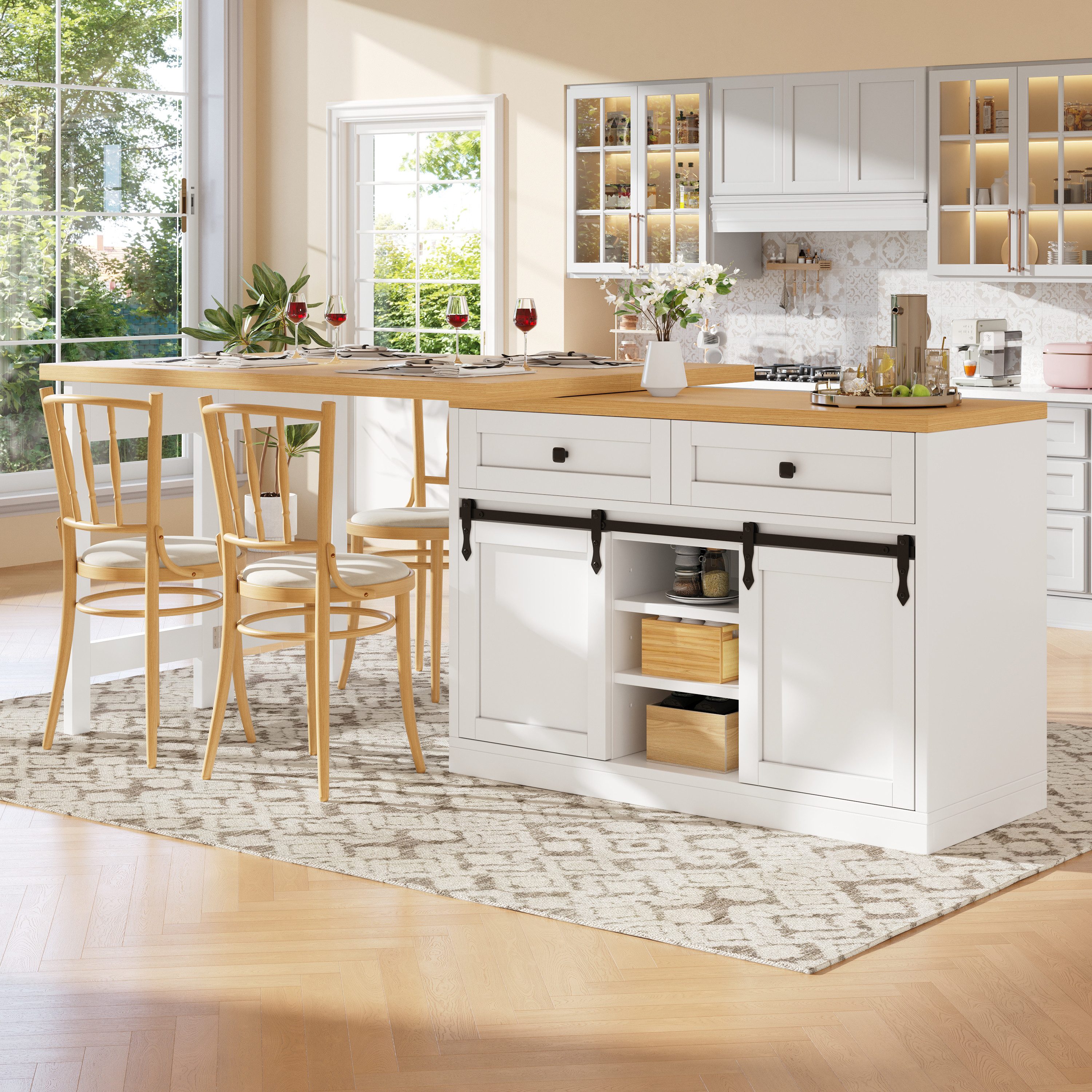 Flieks Kücheninsel mit Arbeitsplatte Holzoptik, Schiebetüren, 360° drehbar&klappbar Tisch, (verstellbare Länge 120-197/T40-80/H73.5 cm), Esstisch & Küchenschrank mit Schubladen, verstellbare Ablagen Weiß