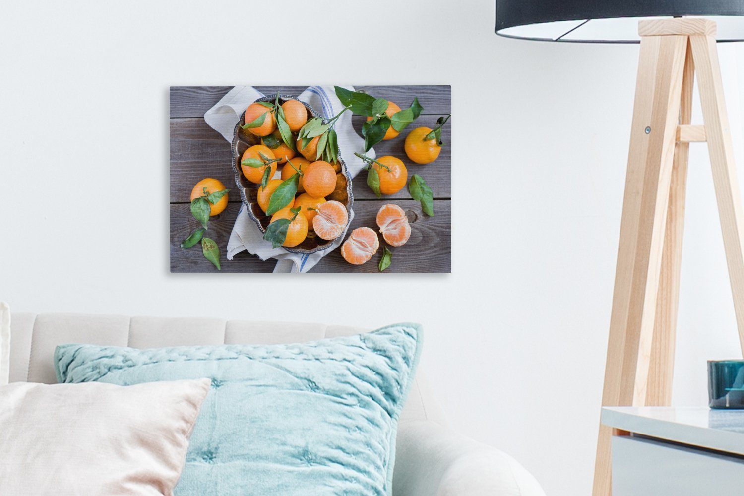 OneMillionCanvasses® Leinwandbild Leinwandbilder, Mandarinen (1 Aufhängefertig, St), einem Wandbild cm auf 30x20 Holztisch, Wanddeko