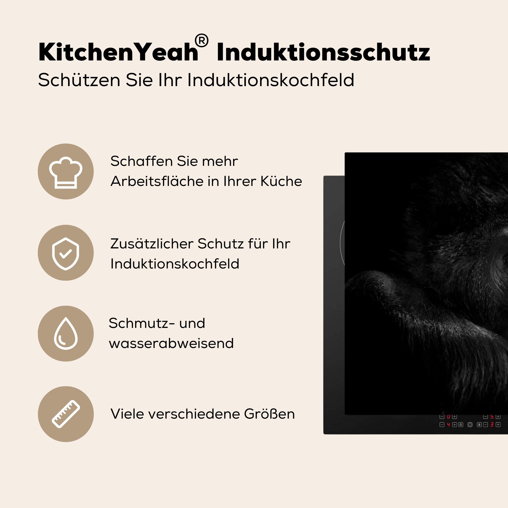 MuchoWow Herdblende-/Abdeckplatte Gorilla - Affe Vinyl, cm, - 77x51 tlg), Schwarz - Arbeitsplatte für Weiß Ceranfeldabdeckung, Porträt, (1 - küche