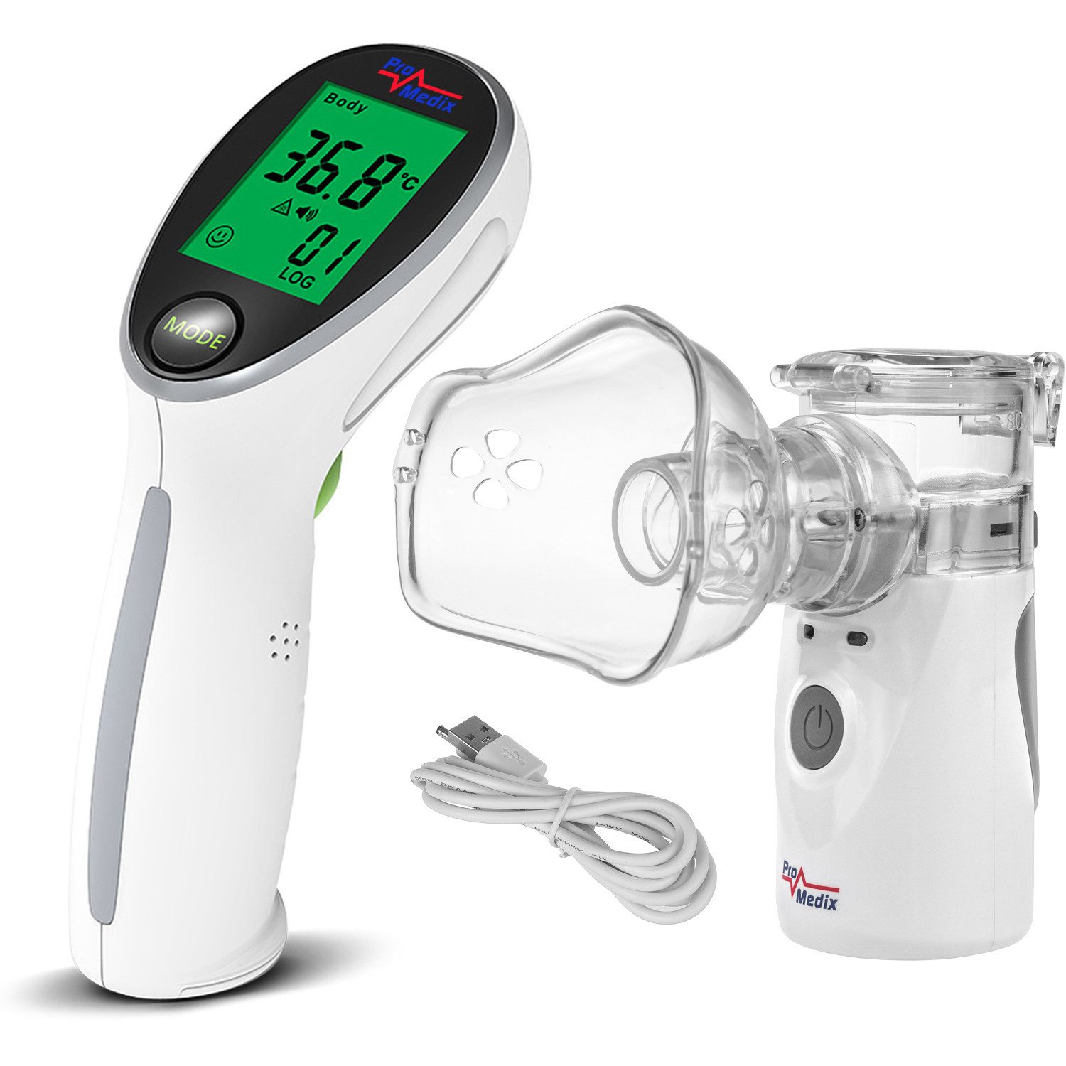 Promedix Inhalationsgerät PR-835+PR-960 Inhalator + Infrarot-Thermometer, Tragbarer / kabelloser Inhalator