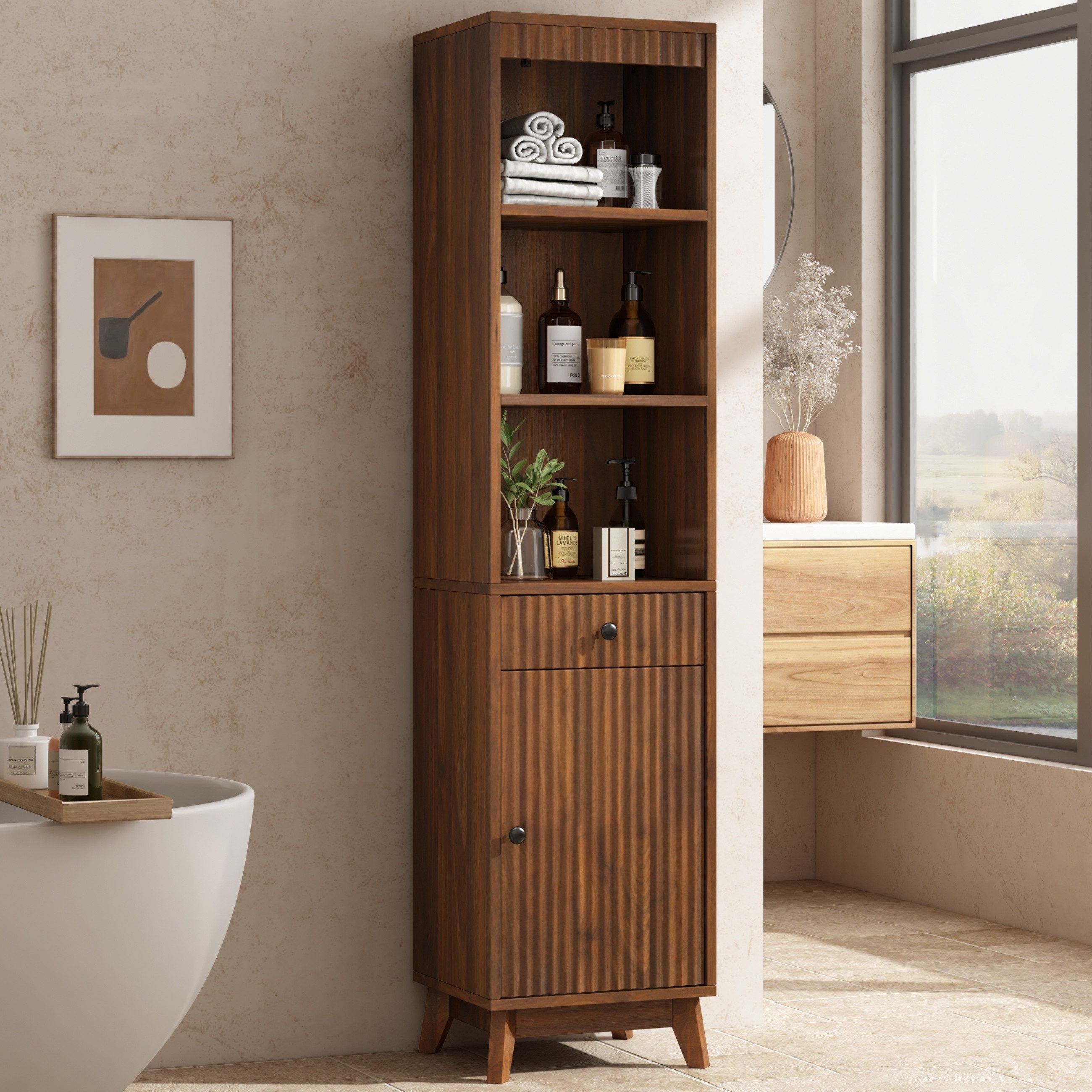 Flieks Badkommode schmal Hochschrank mit Schubladen, Tür rechts oder links wechselbar (Massivholzbeine, Soft-Close-Funktion, vertikal geriffelte Fronten, 1 St., 40x36x172 cm), Badezimmerschrank Multifunktionsschrank mit 5 Fächern Walnussholzfarbe